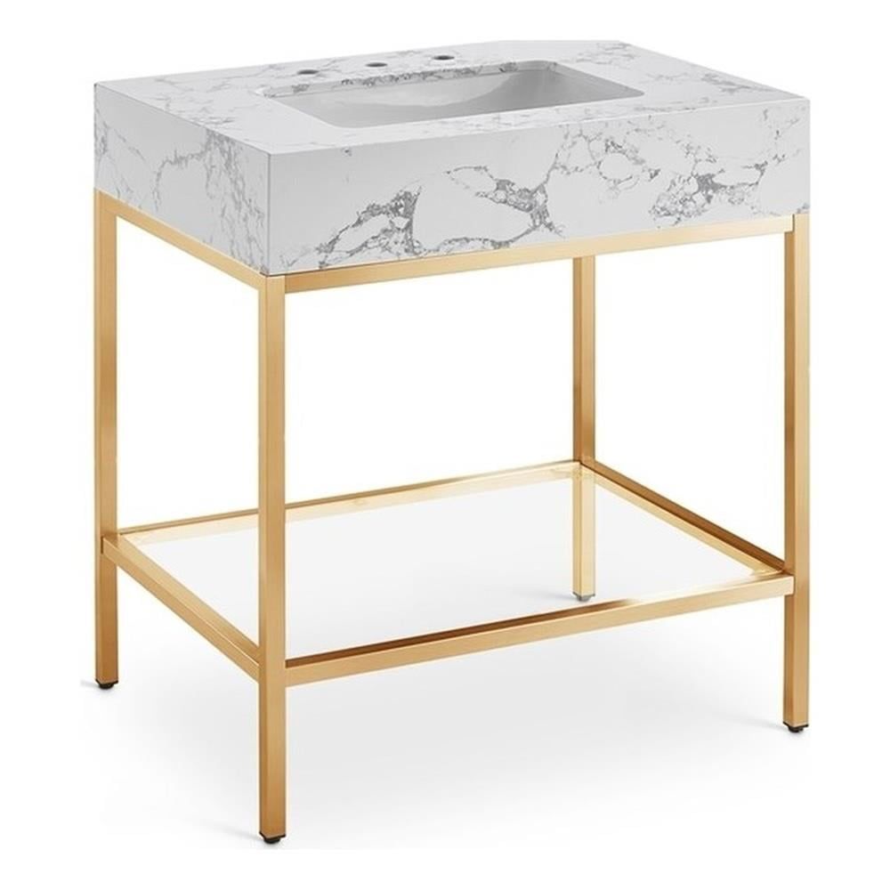 Marmo White Marble Vanity with Brass Base, 30"