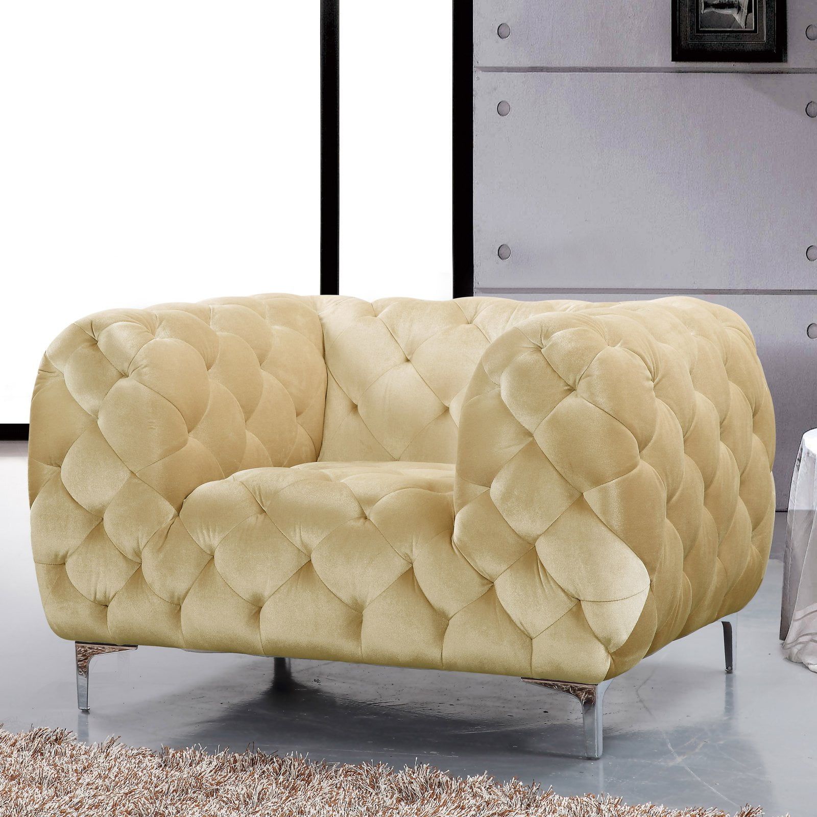 Beige Velvet Tufted Accent Chair with Chrome Legs