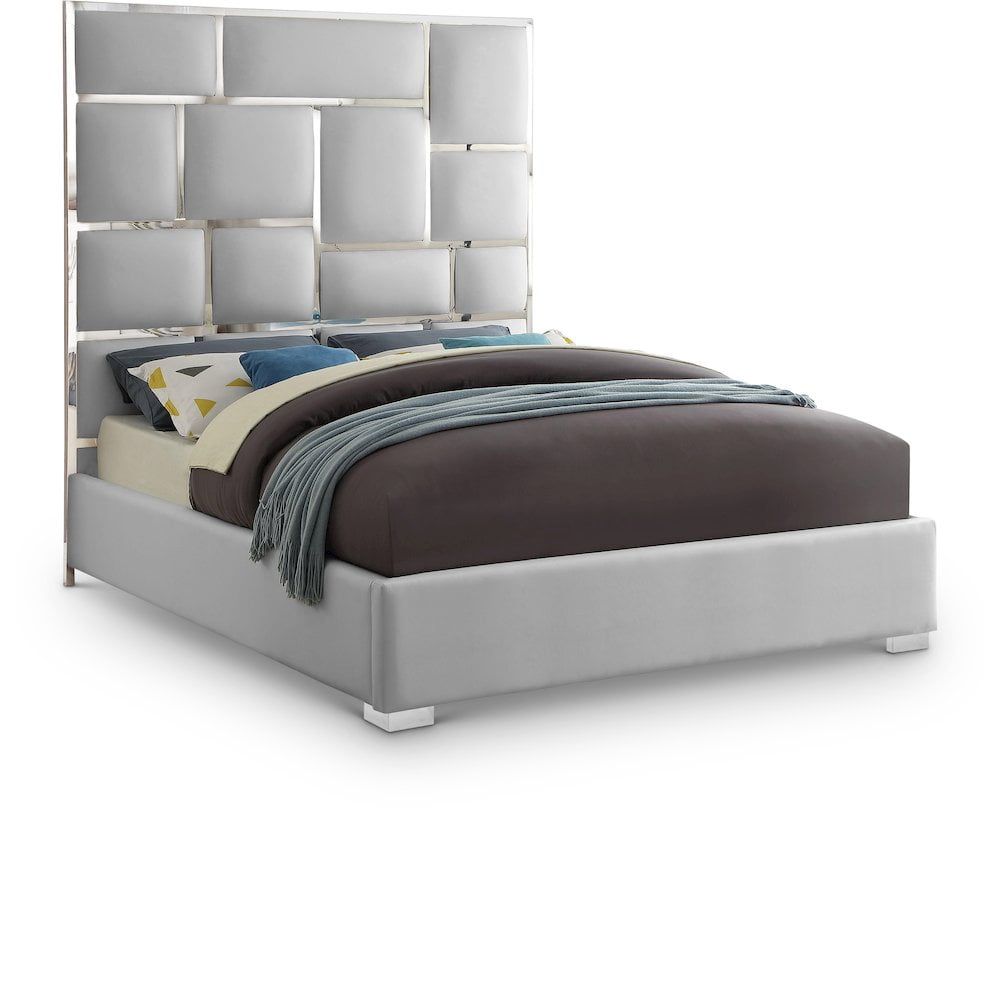 Milan 84.5" White Faux Leather King Bed with Chromed Metal Frame