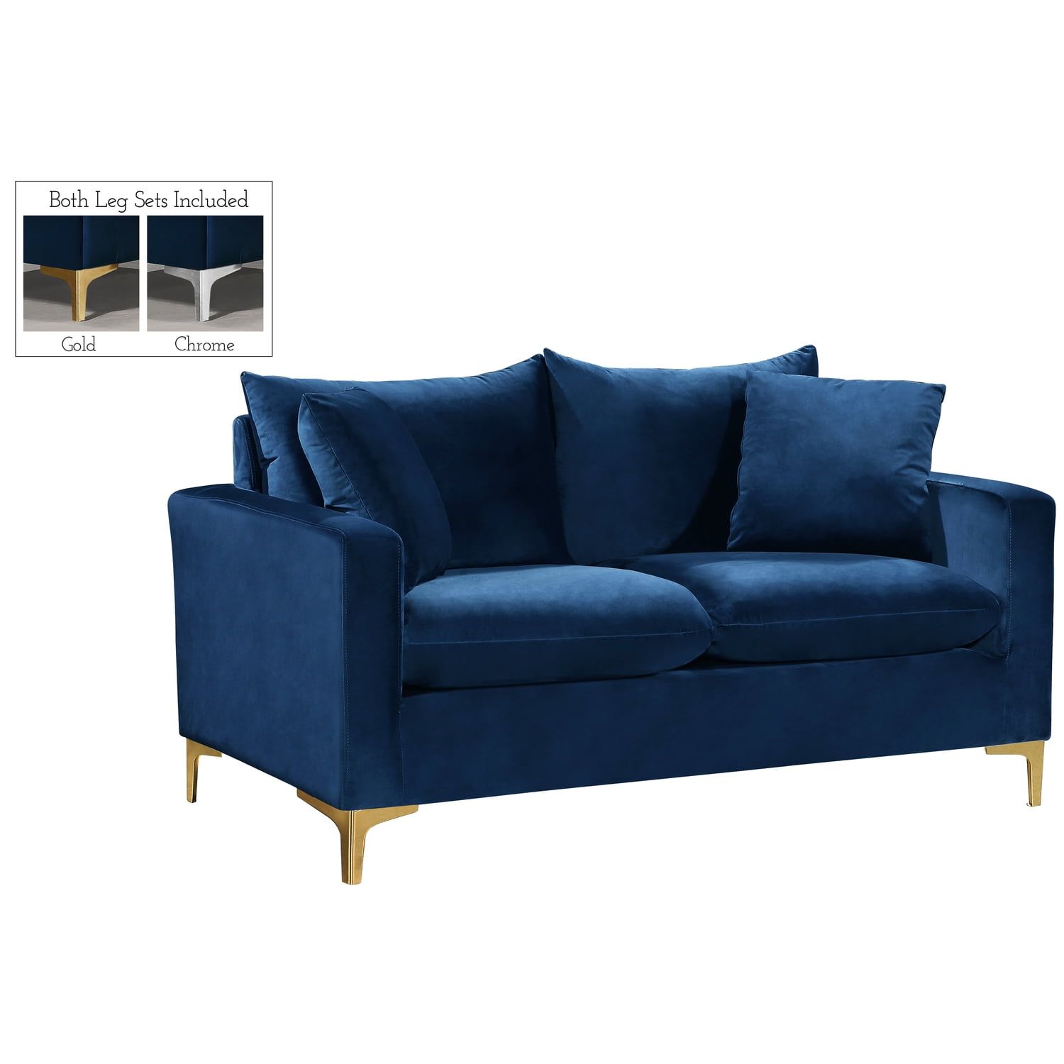 Plush Navy Velvet Loveseat with Customizable Gold and Chrome Legs