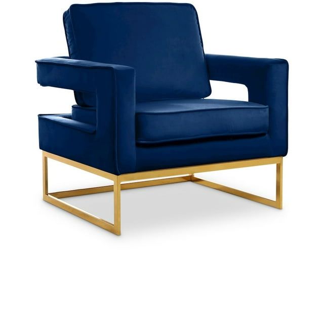 Elegant Navy Velvet and Gold Wood Base Accent Chair