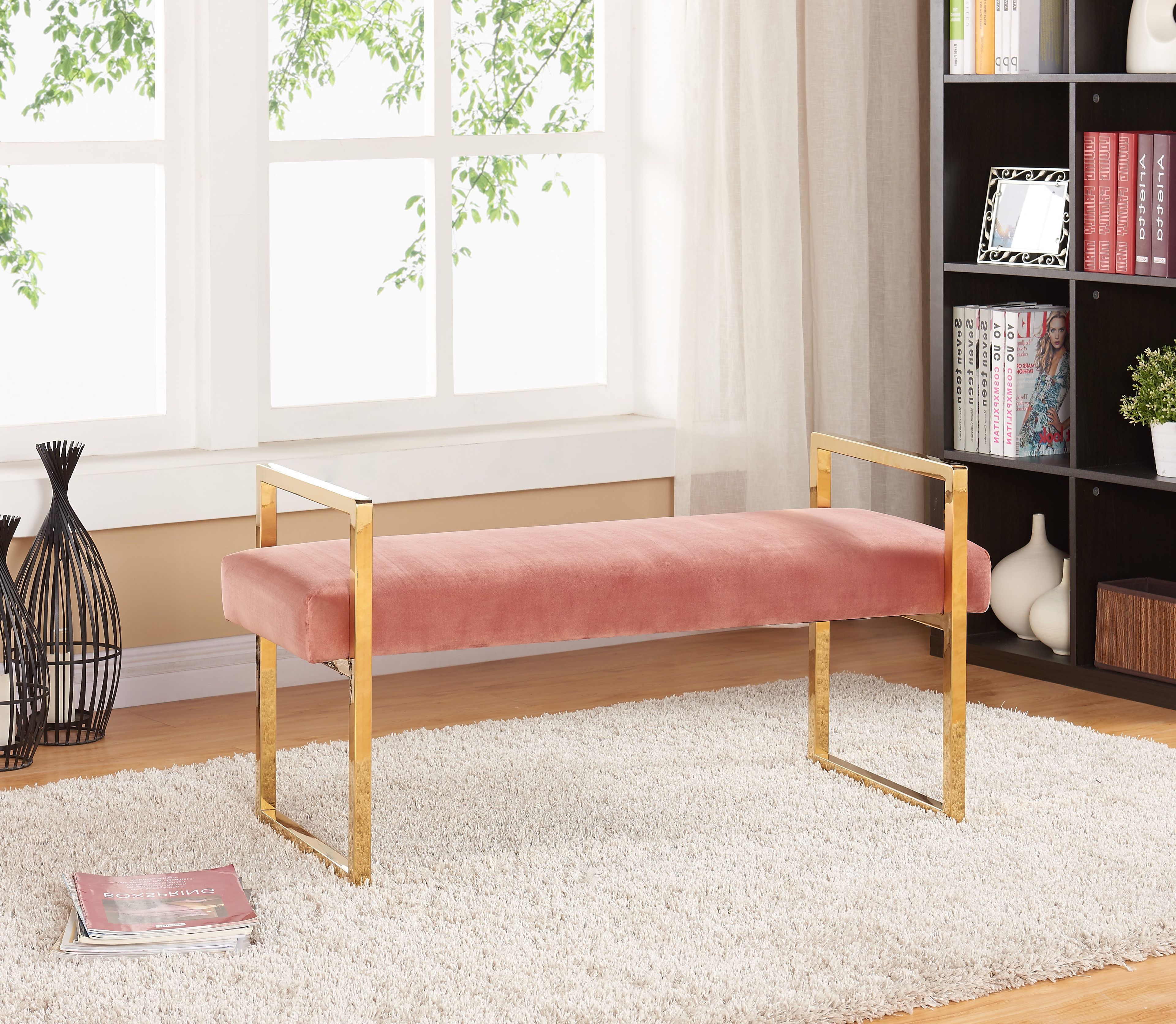 Contemporary Pink Velvet 43" Bench with Gold Stainless Steel Legs