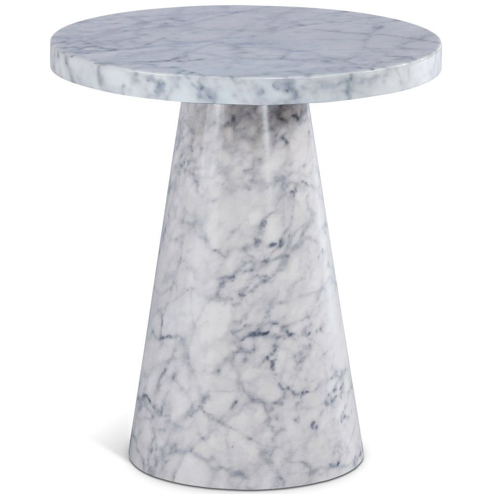 Round White Faux Marble and Wood End Table