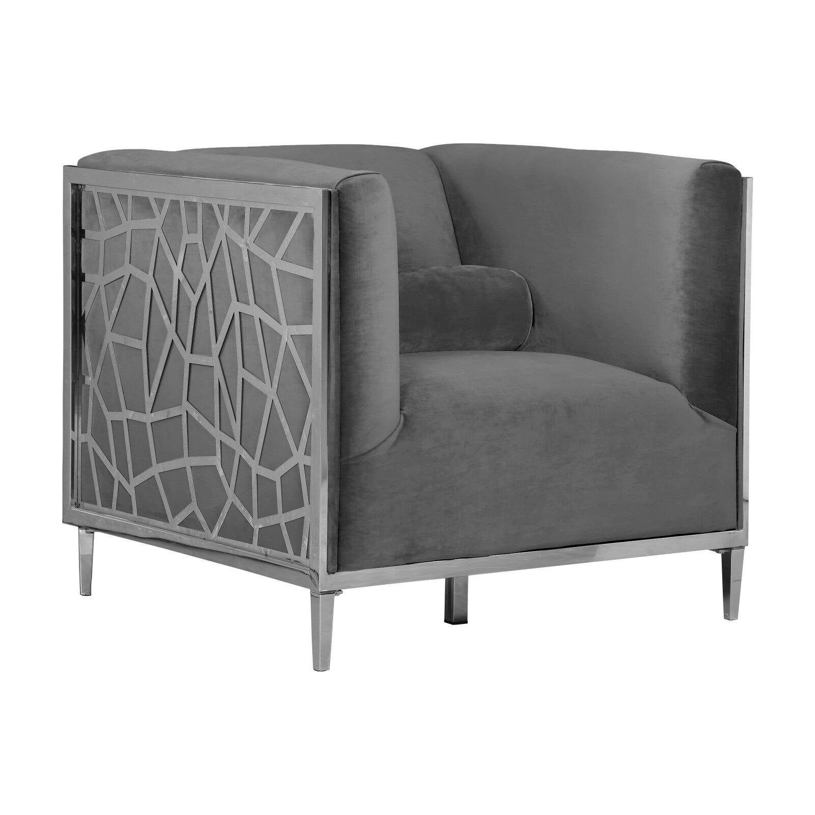 Gray Velvet and Chrome Contemporary Accent Armchair