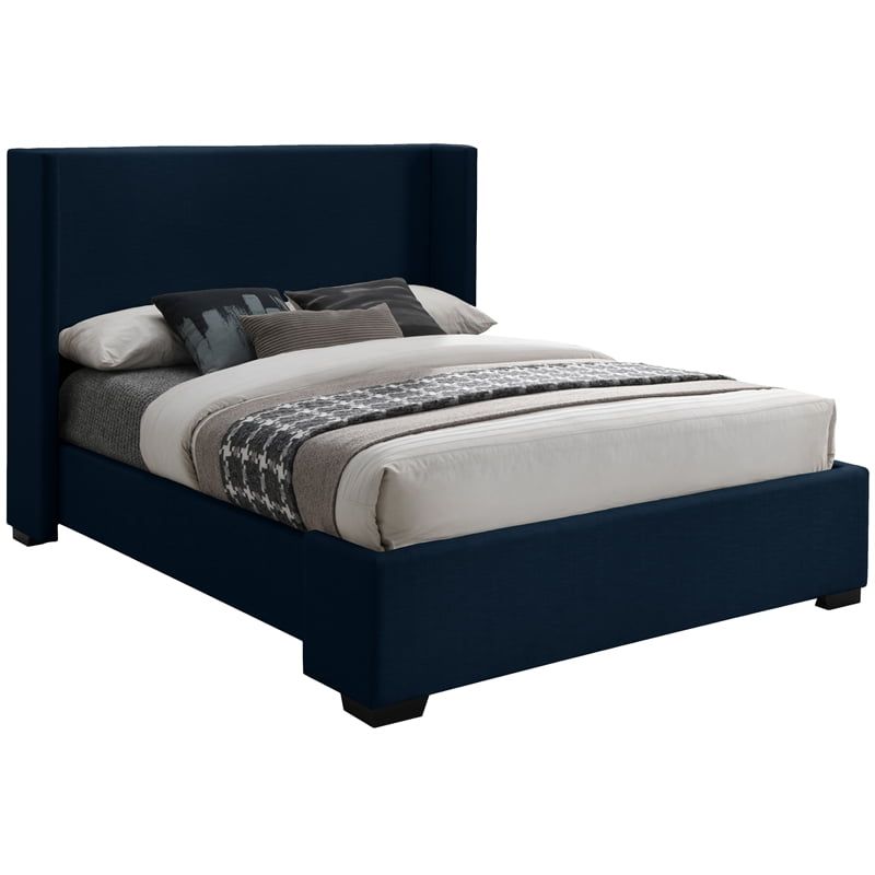 Oxford Navy Linen King Bed with Espresso Wood Frame