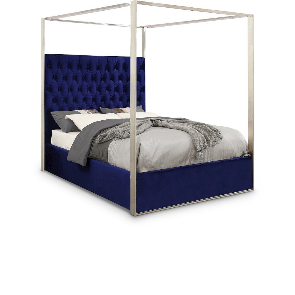 Regal Navy Velvet Queen Canopy Bed with Chrome Frame and Tufted Headboard