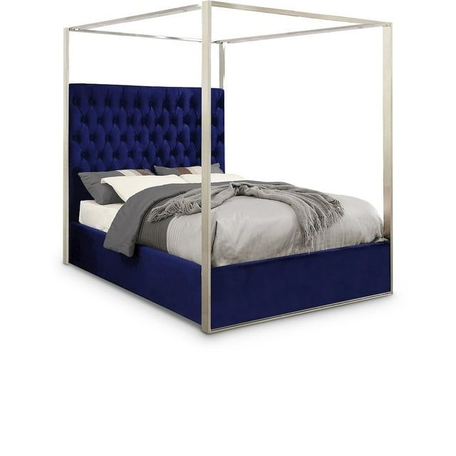Regal Navy Velvet Queen Canopy Bed with Chrome Frame and Tufted Headboard