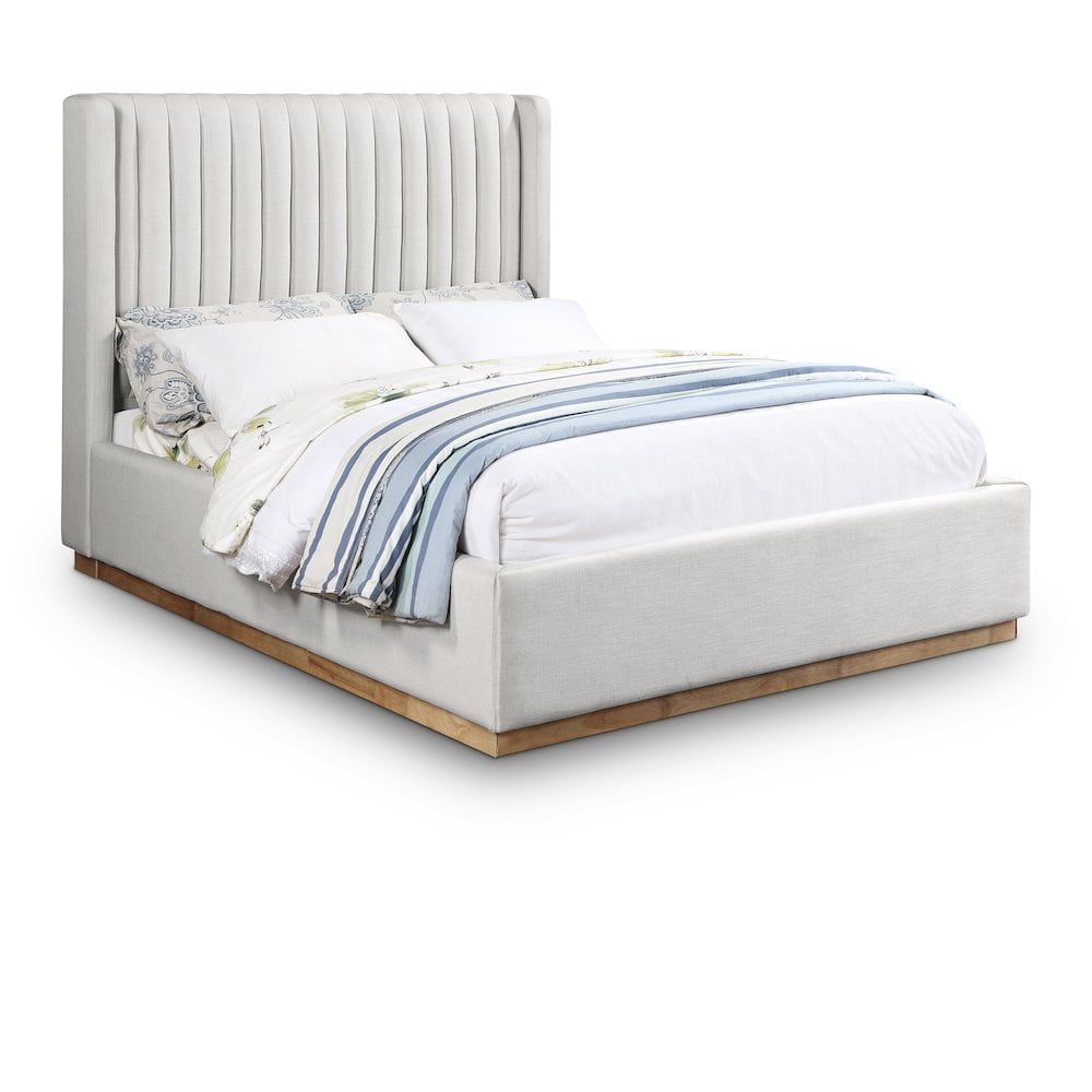 Queen Cream Linen Upholstered Wingback Bed with Tufted Headboard