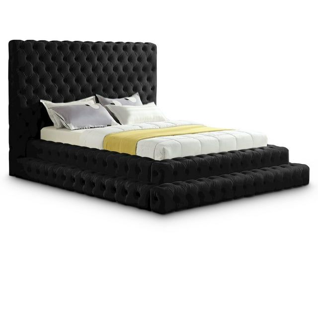 Black Velvet Queen Bed with Tall Tufted Headboard