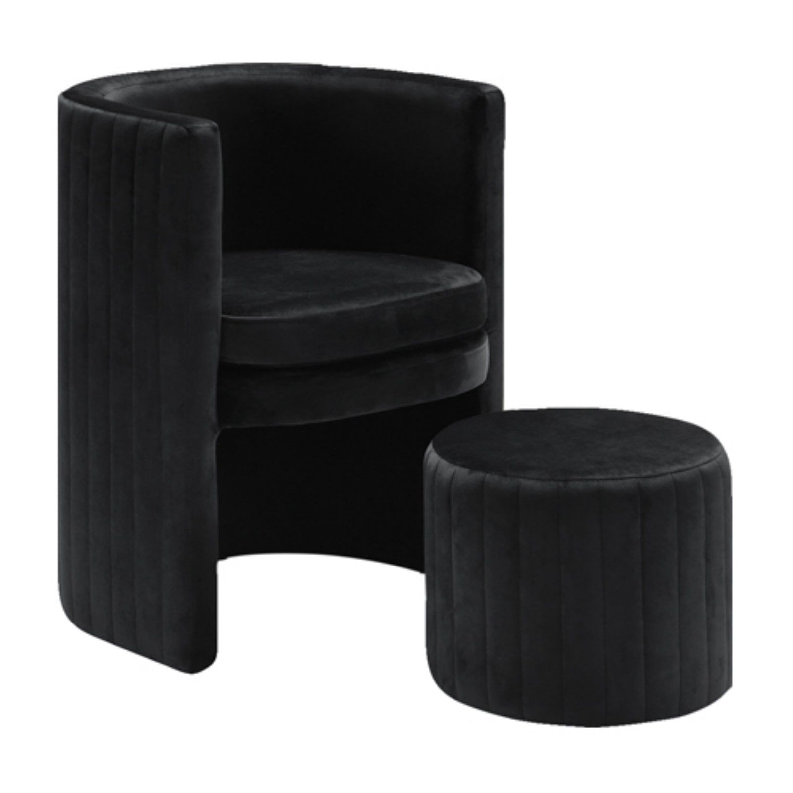 Selena Contemporary Black Velvet Barrel Chair and Ottoman Set