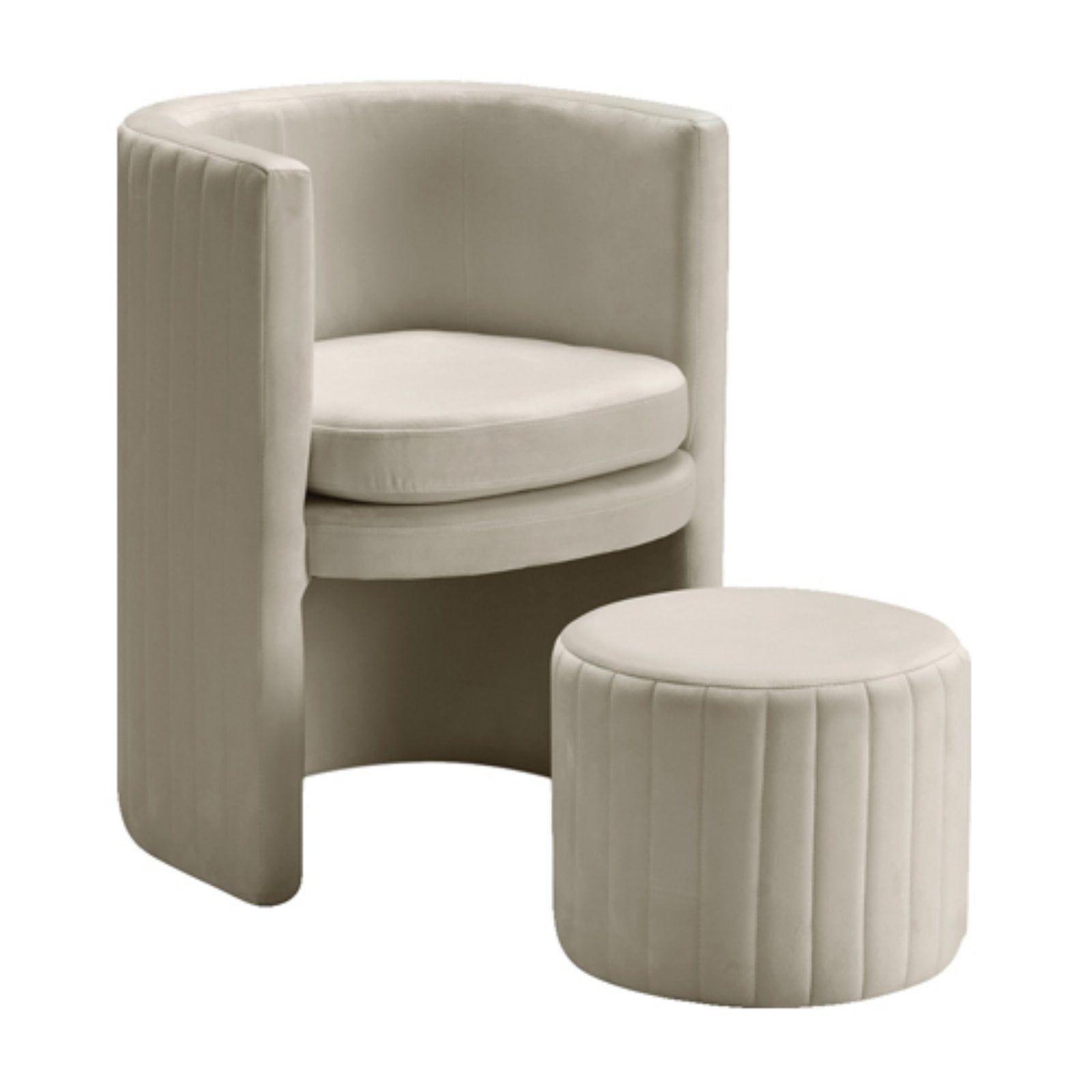 Cream Velvet Barrel Accent Chair with Ottoman