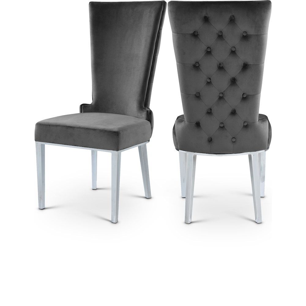 Regal High-Back Grey Velvet and Chrome Dining Chair