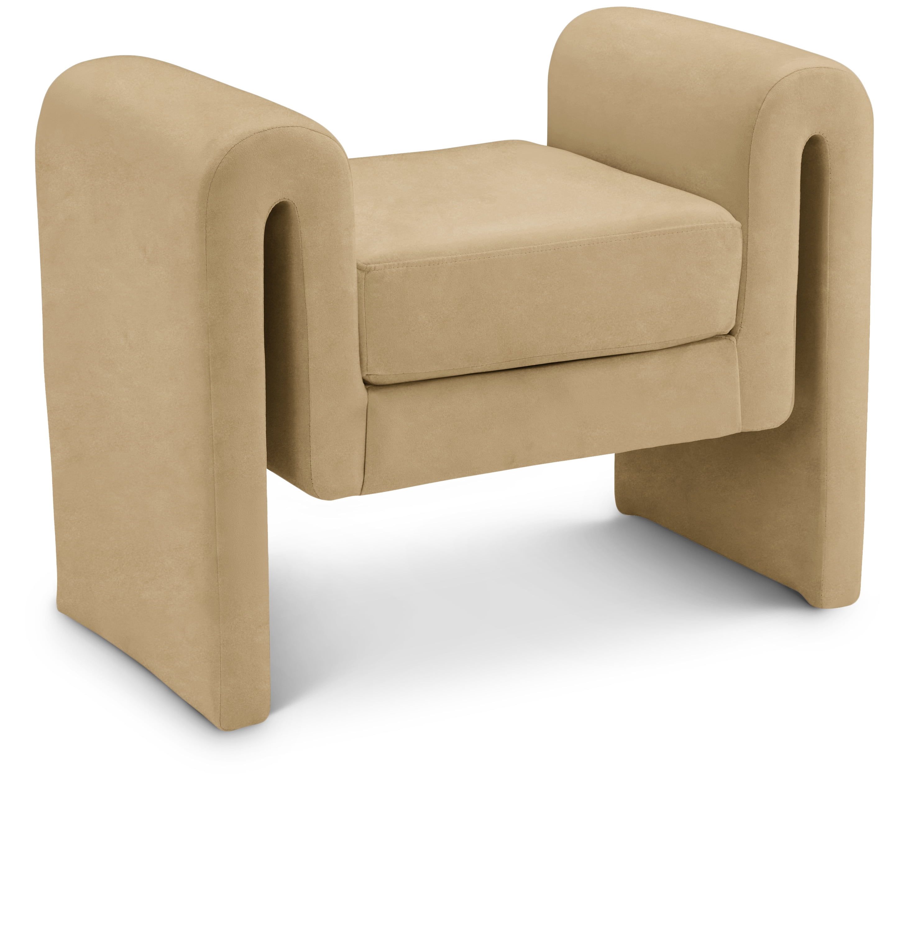 Camel Velvet Upholstered Bench with Curved Arms