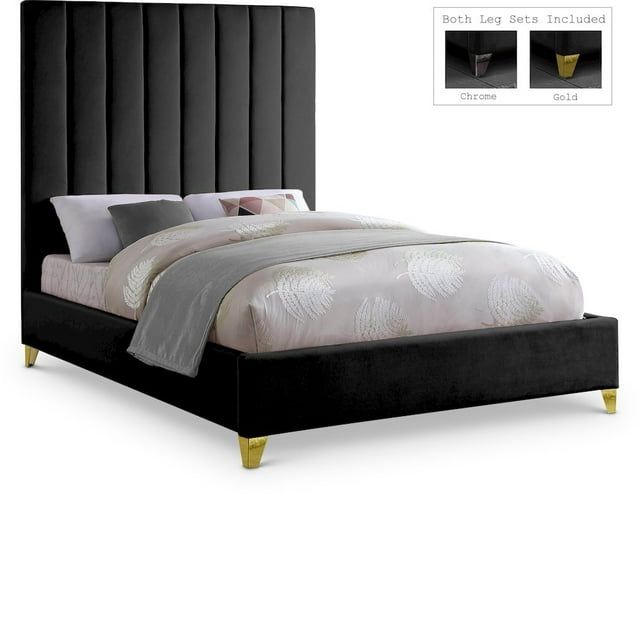 Via Luxe Black Velvet King Bed with Tufted Headboard and Metal Legs