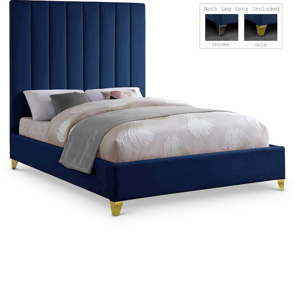 Navy Velvet Upholstered King Bed with Tufted Headboard