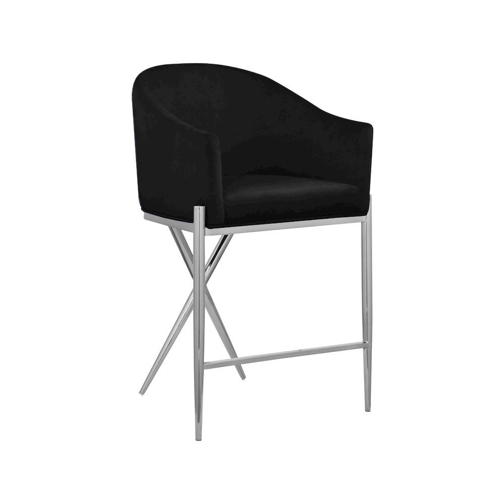 Xavier Black Velvet Barrel-Style Counter Stool with Chrome Metal Legs