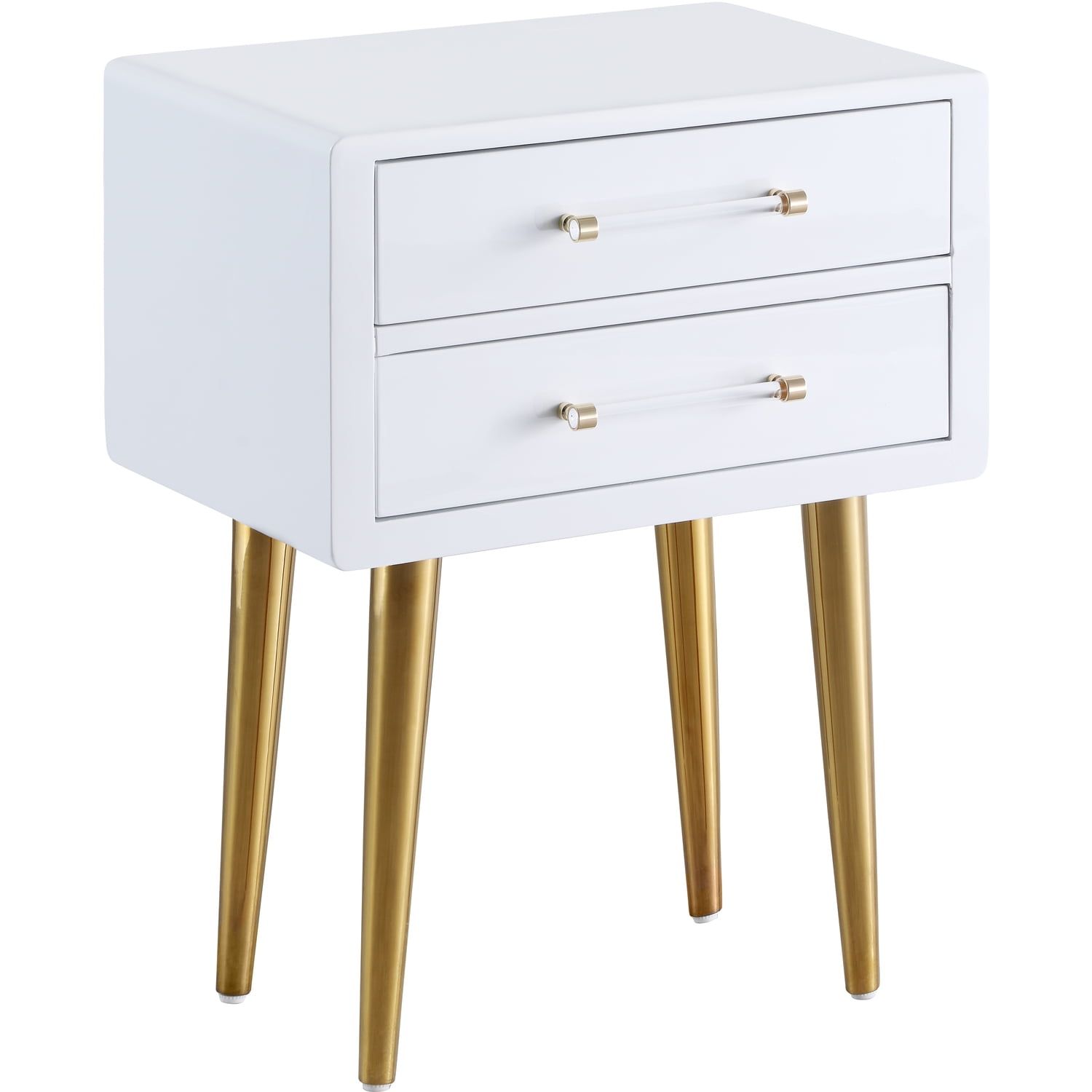 Elegant White Lacquer and Gold Acrylic Side Table with Storage