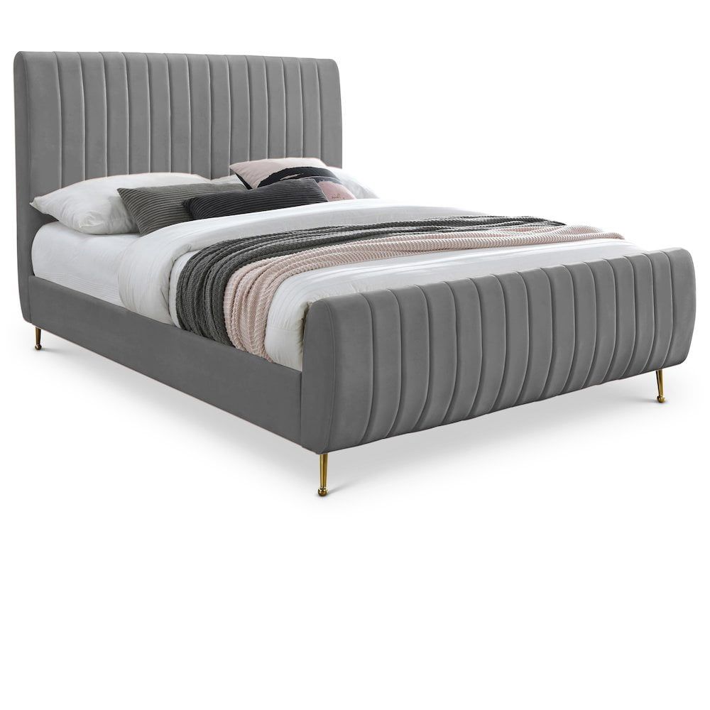 Gray Velvet Upholstered Queen Bed with Tufted Headboard