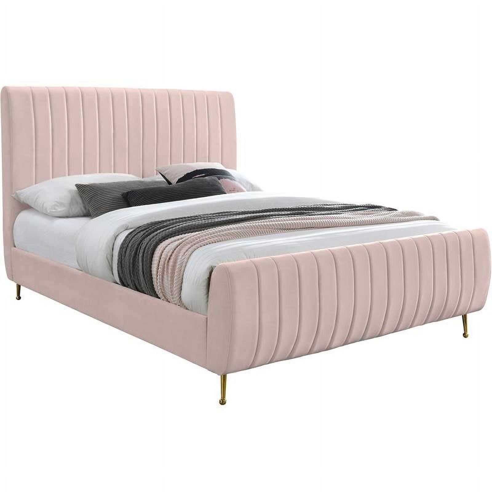 Pink Velvet Queen Bed with Tufted Upholstered Headboard