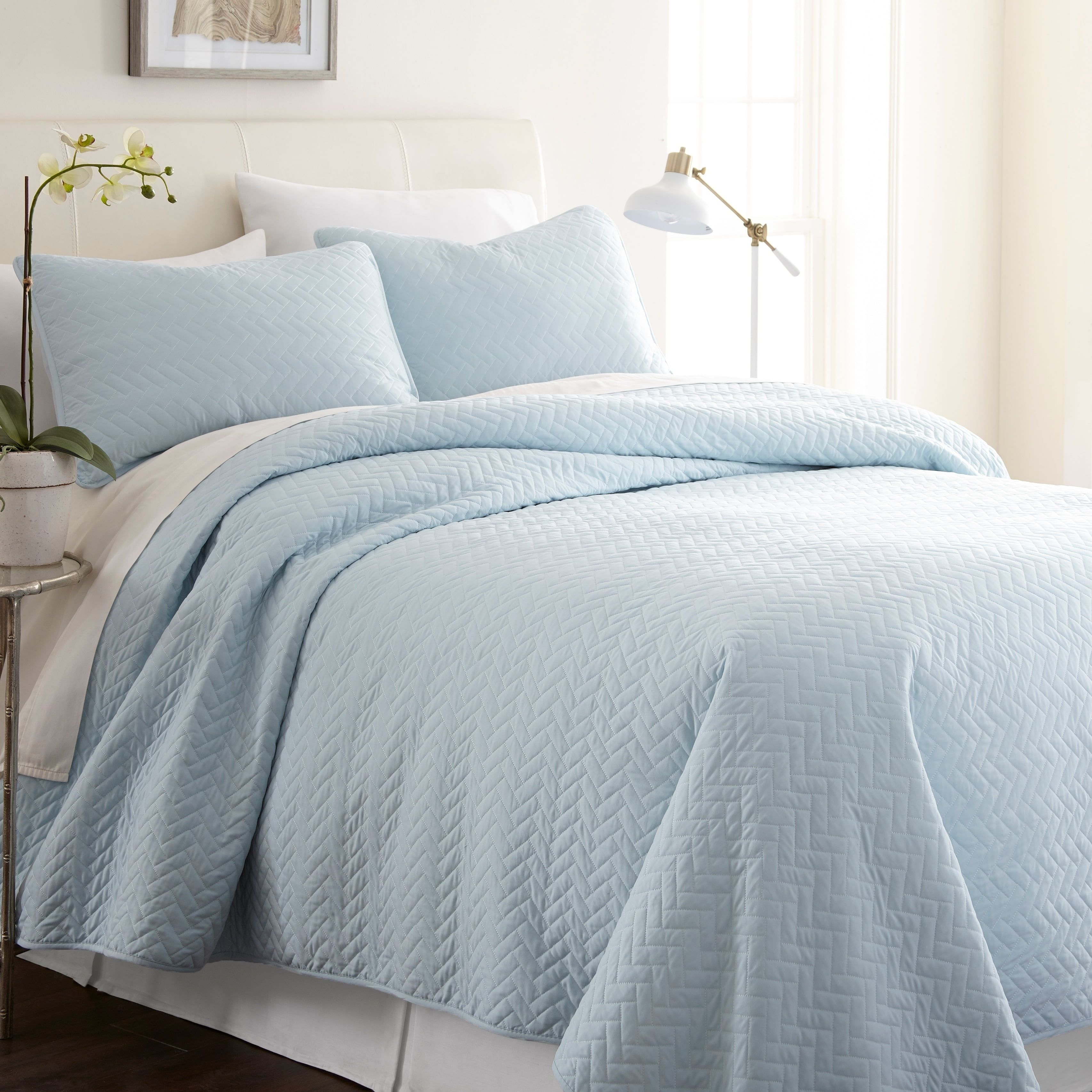 Pale Blue Quilted Microfiber Queen Coverlet Set