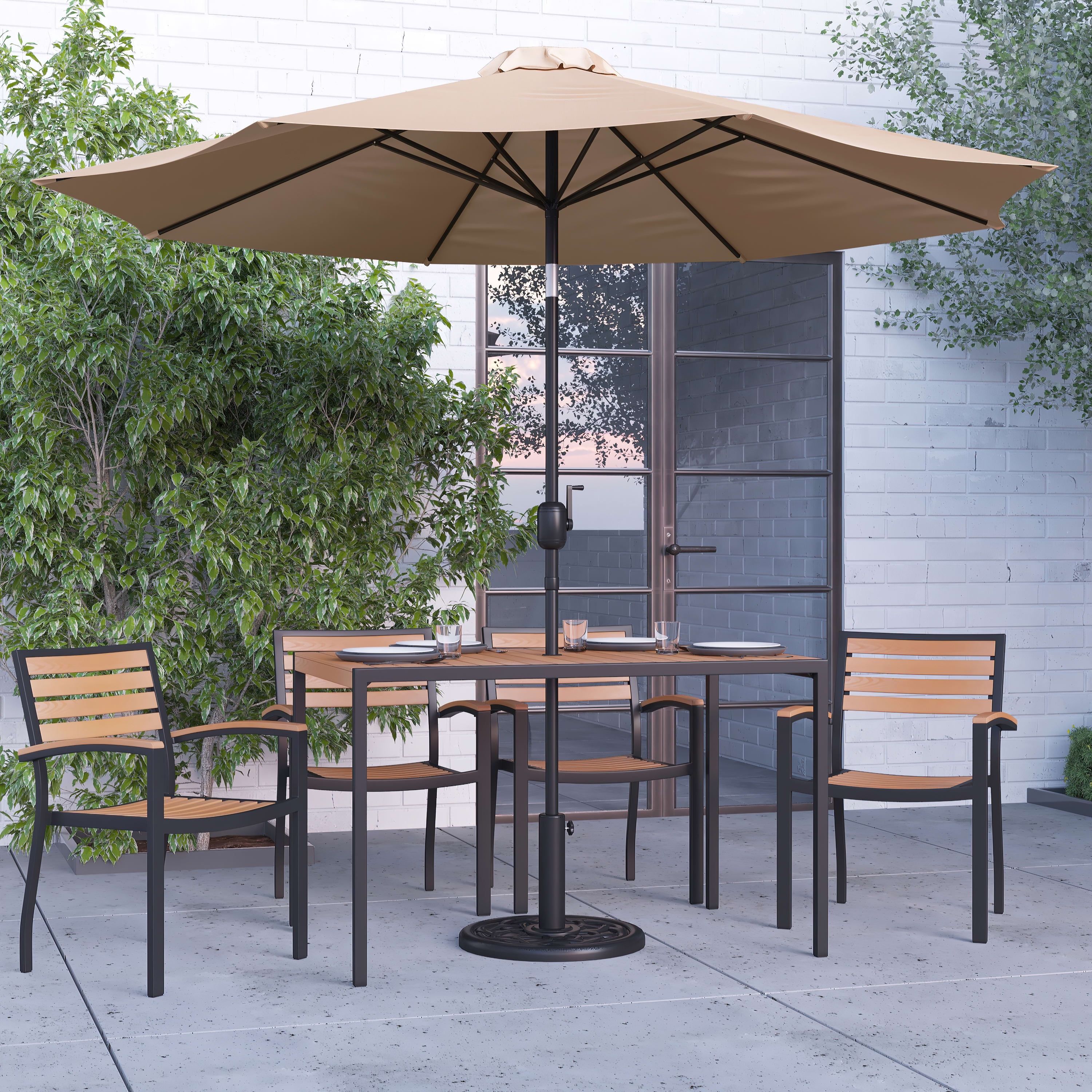 Merrick Lane 7 Piece Tan Faux Teak Dining Set with Umbrella