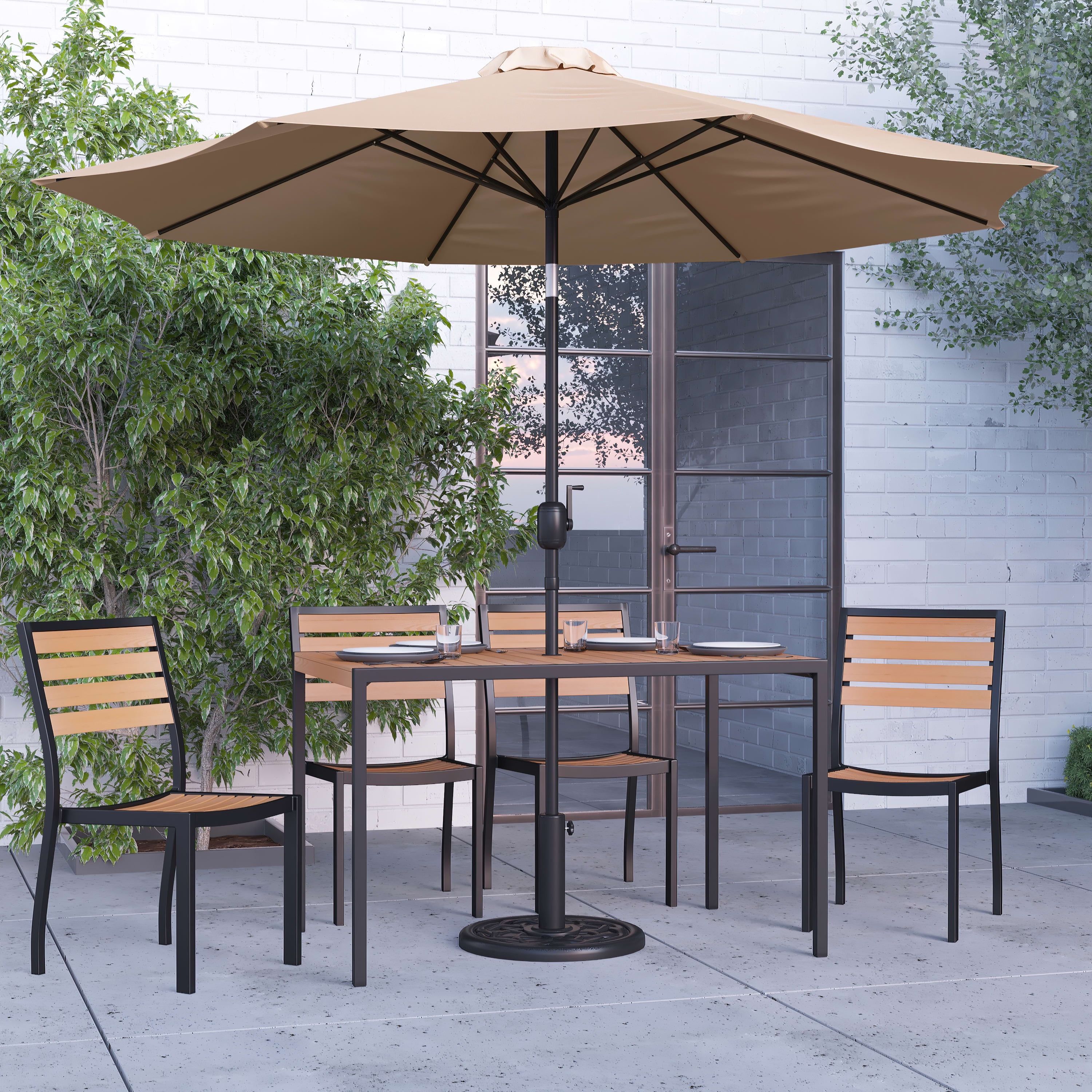 Tan Faux Teak 7-Piece Outdoor Dining Set with Umbrella