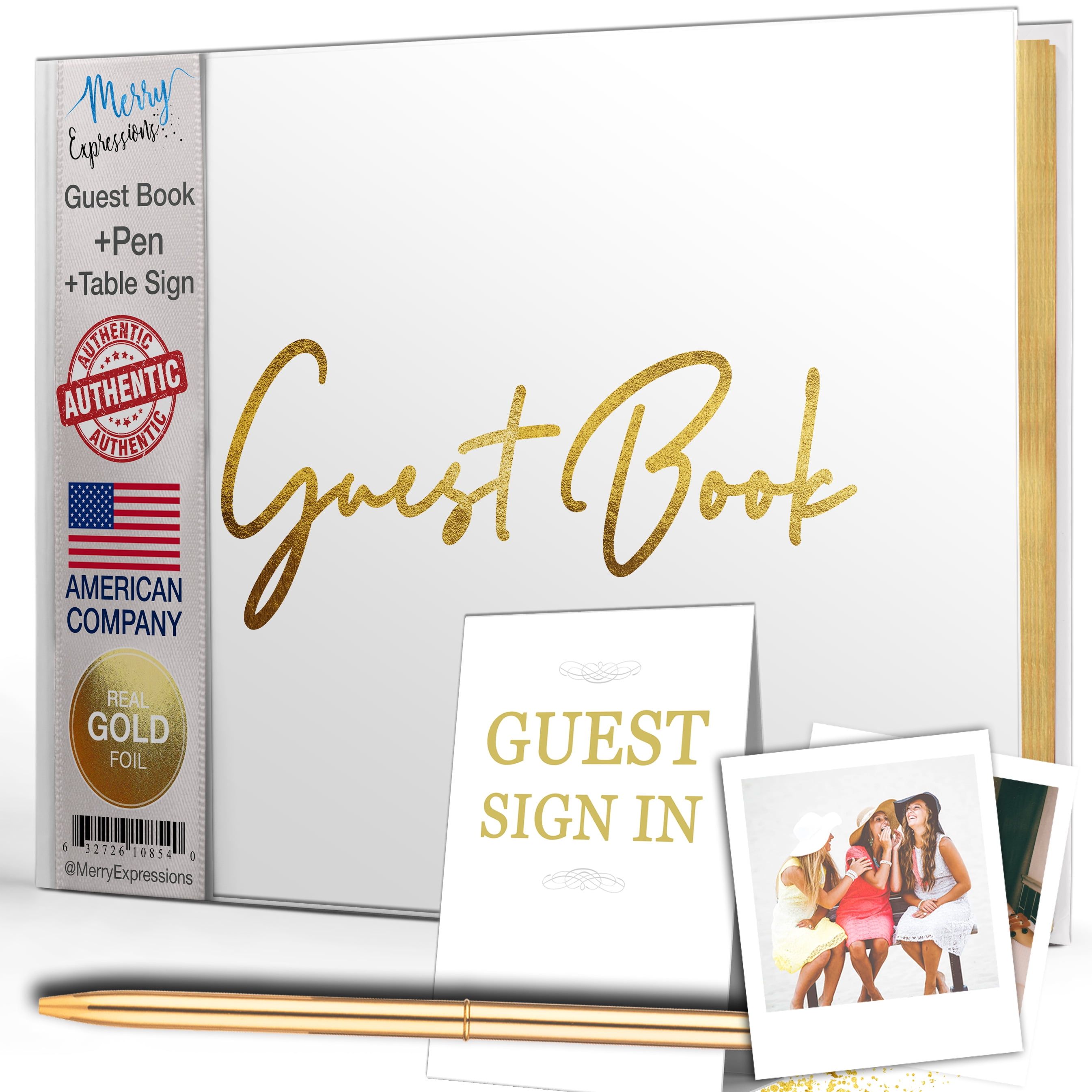 White and Gold Hardcover Wedding Guest Book with Pen