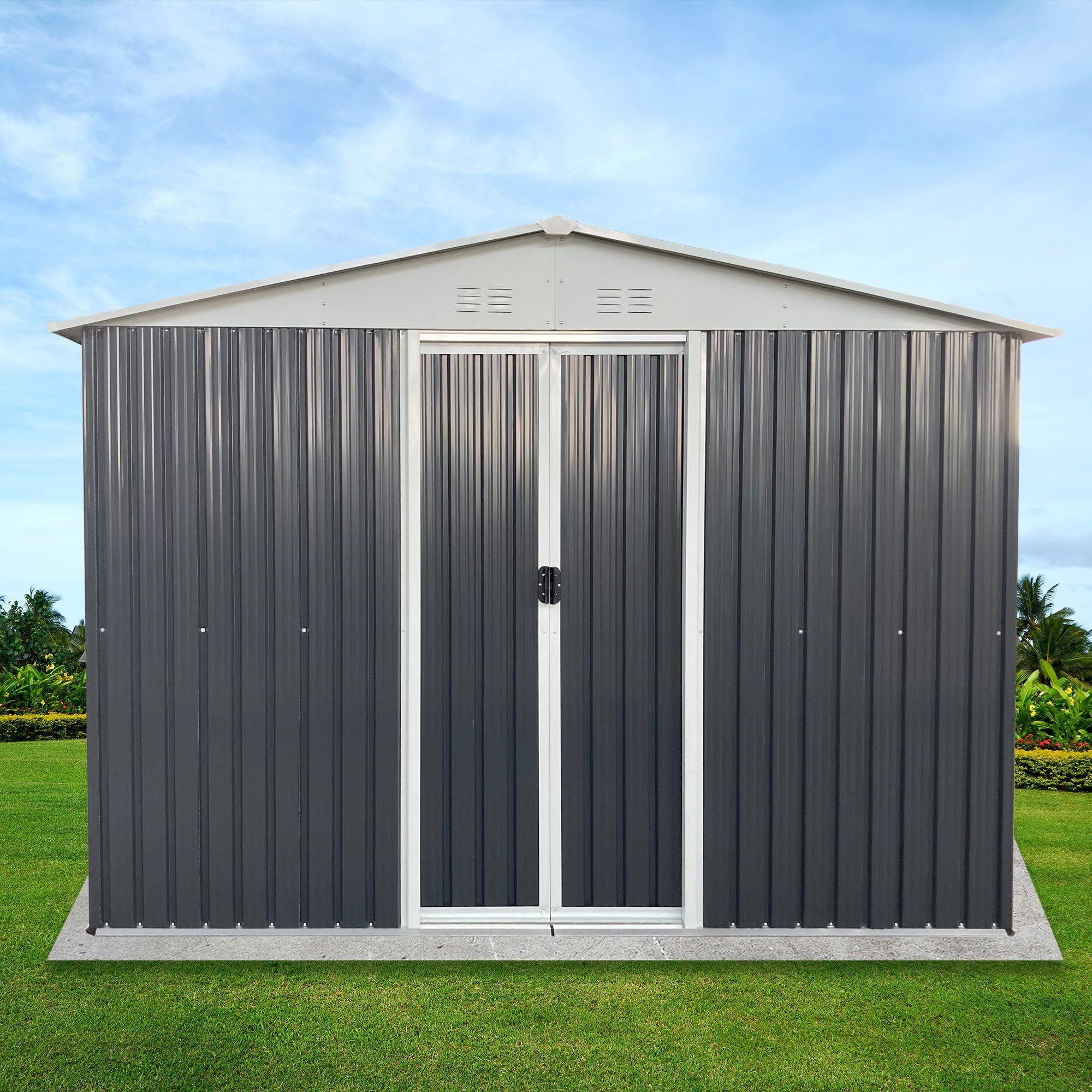 Gray 10x8 FT Metal Garden Shed with Windows and Lockable Door