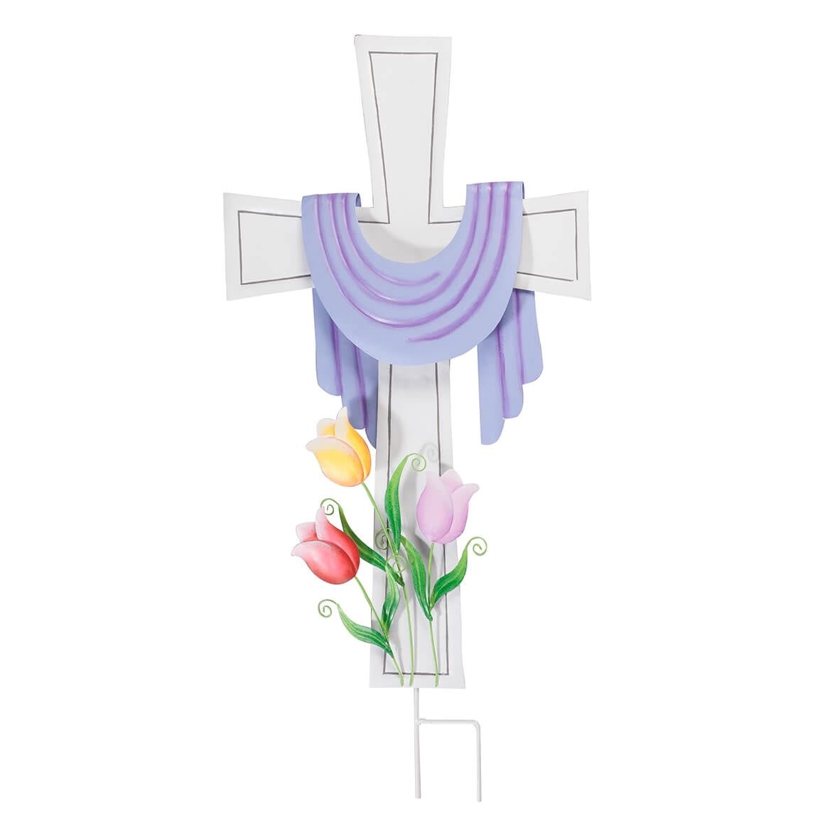 White Metal Easter Cross with Purple Scarf and Tulips