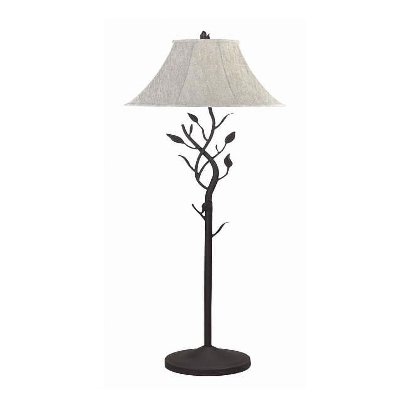 Black Metal Floor Lamp with Leaf Accents and Fabric Bell Shade