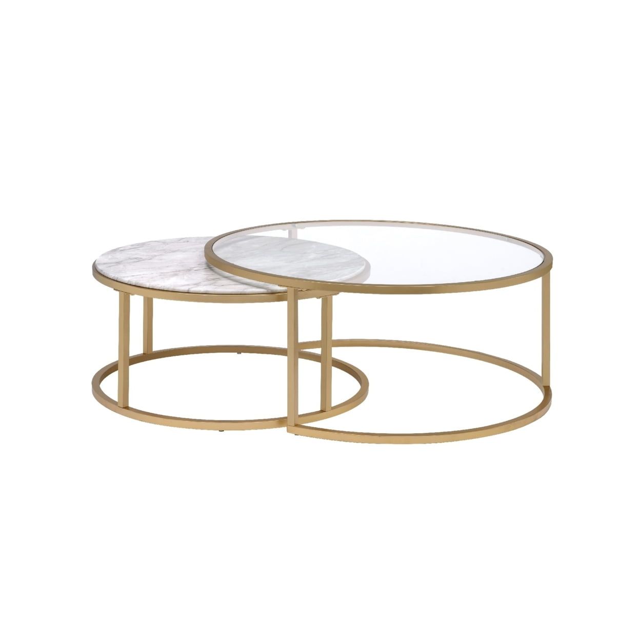 Gold Metal Framed Round Glass and Marble Nesting Coffee Tables