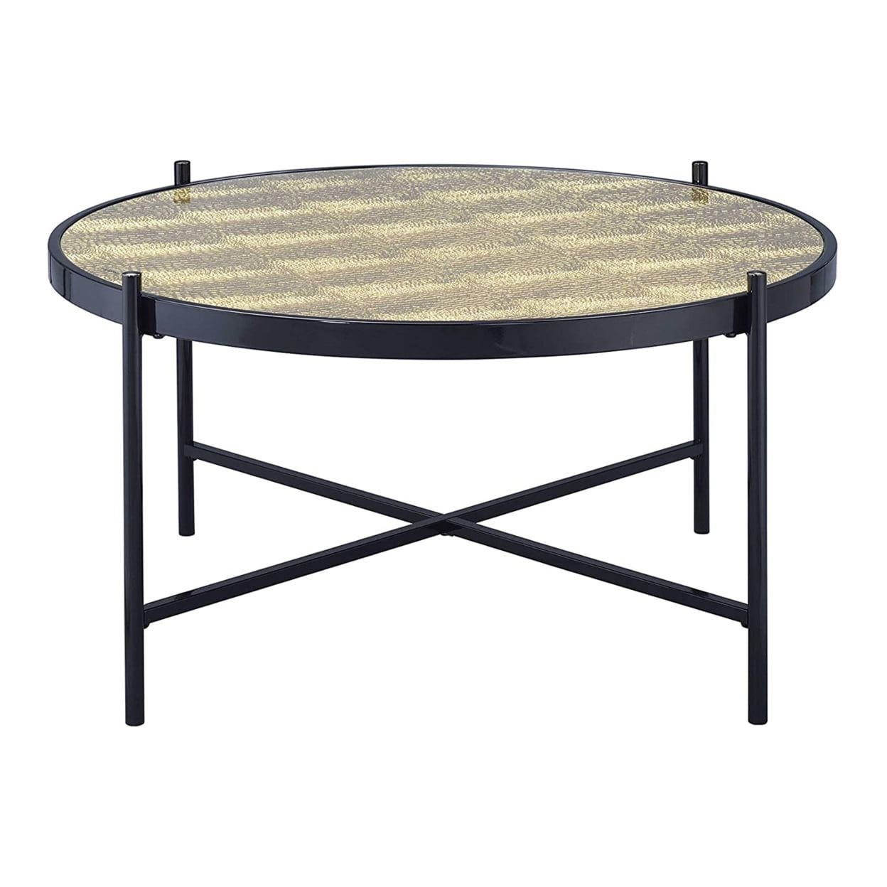 Round Black Metal and Glass Coffee Table with Crossbar