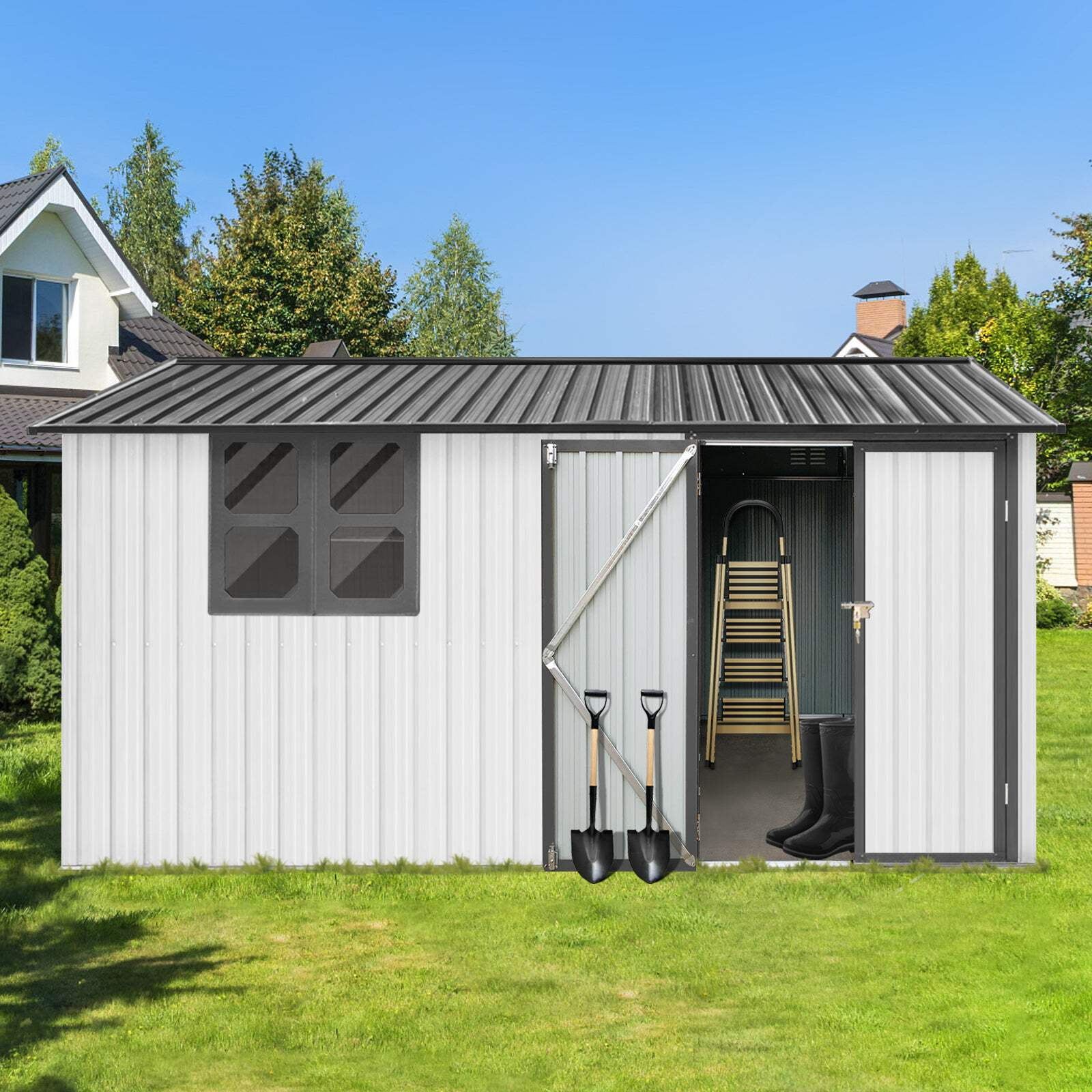 10ft x 12ft Grey and White Metal Garden Shed with Window