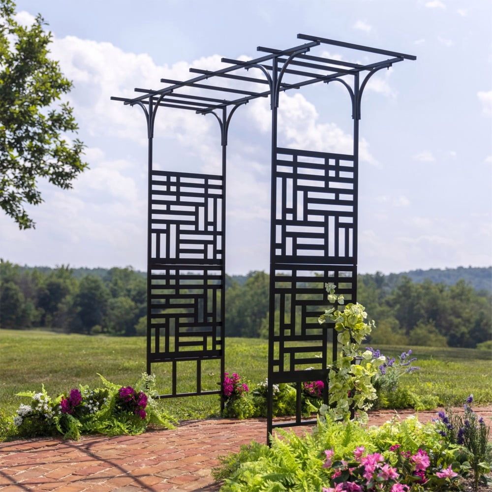 Geometric Black Metal Garden Arbor with Pagoda Top