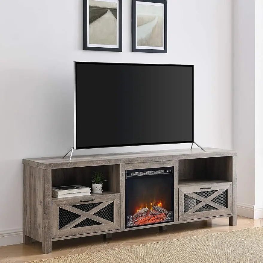 Grey Wash Rustic 70'' Electric Fireplace TV Stand with Cabinet Storage