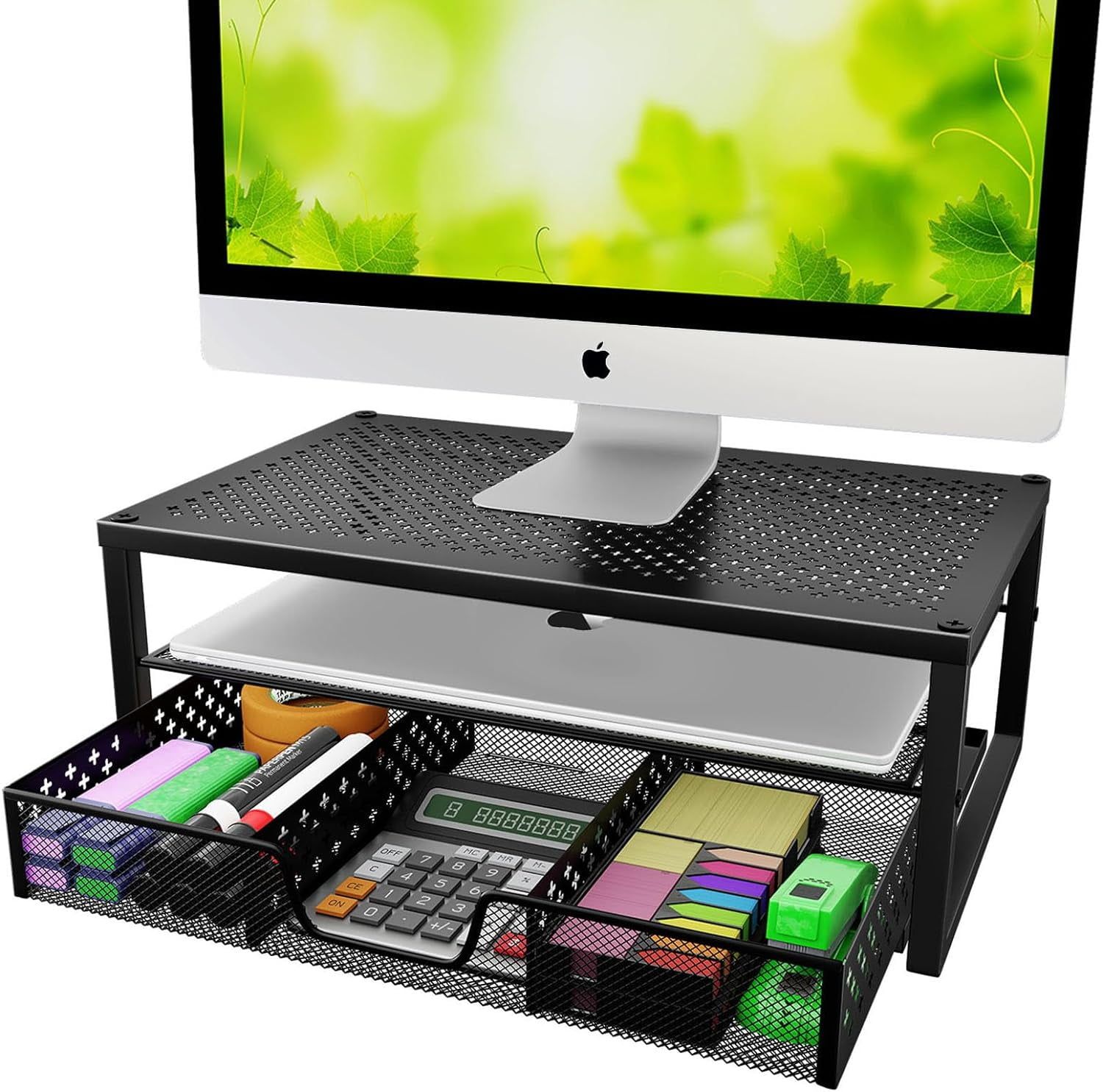 Black Metal Monitor Stand Riser with Drawer