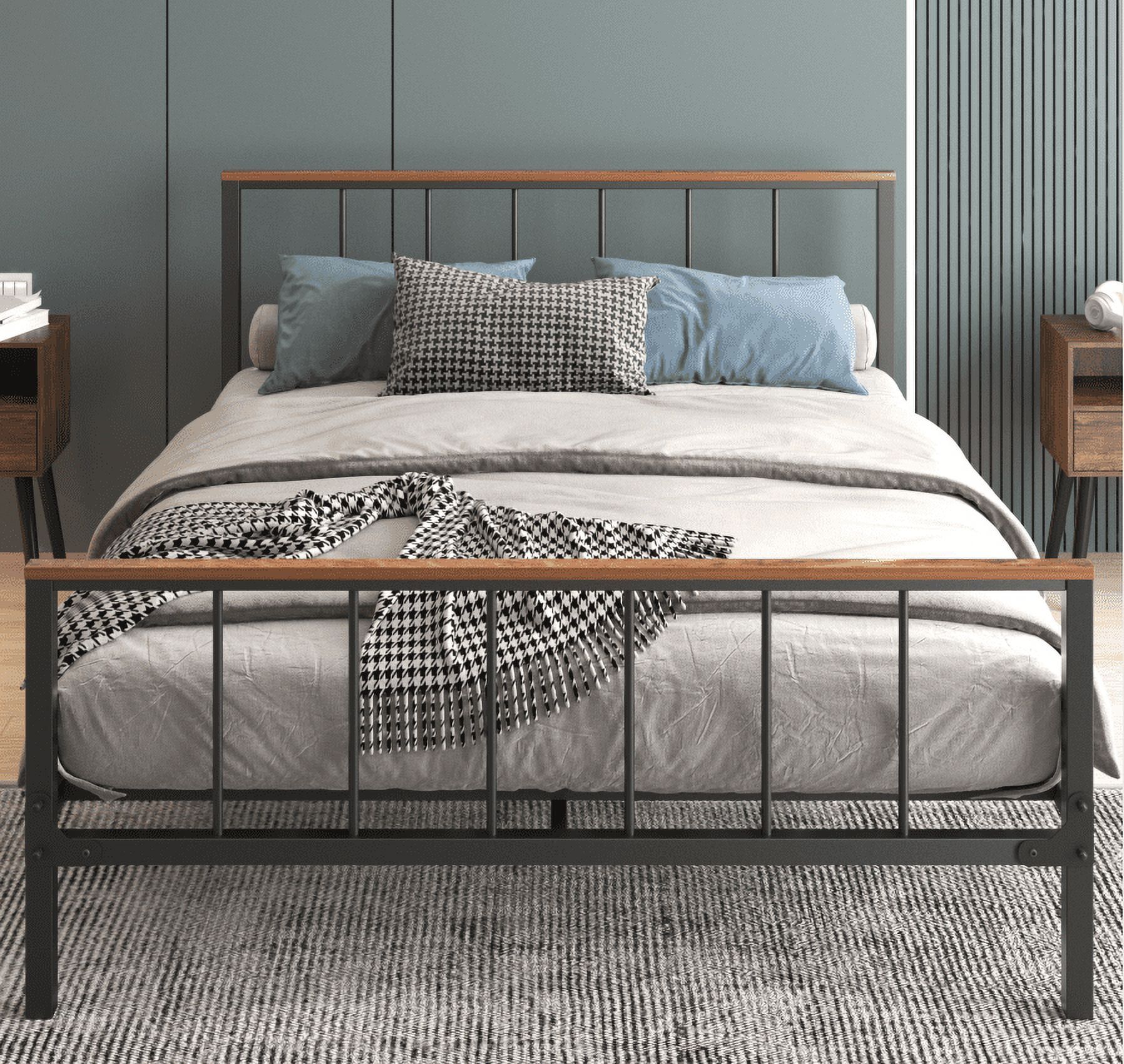 Full Metal Platform Bed Frame with Wood Headboard and Slats