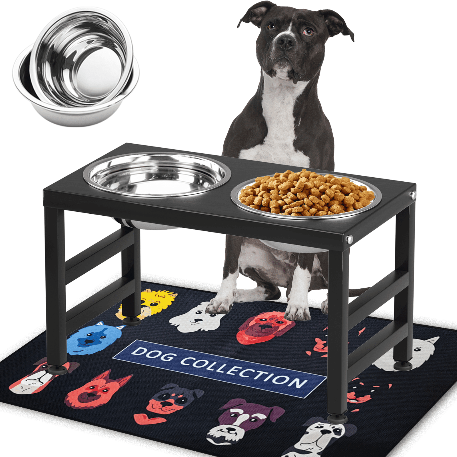 Black Stainless Steel Elevated Dog Bowl Stand with Placemat