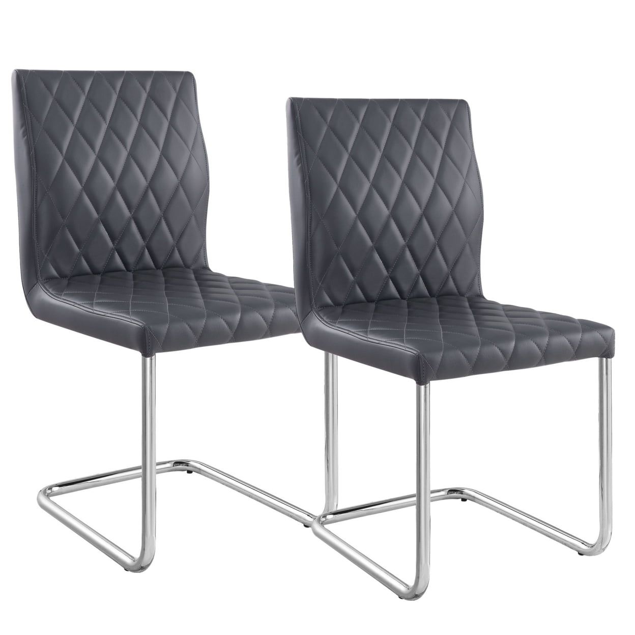 Modern Quilted Faux Leather Side Chairs, Gray and Silver, Set of 2