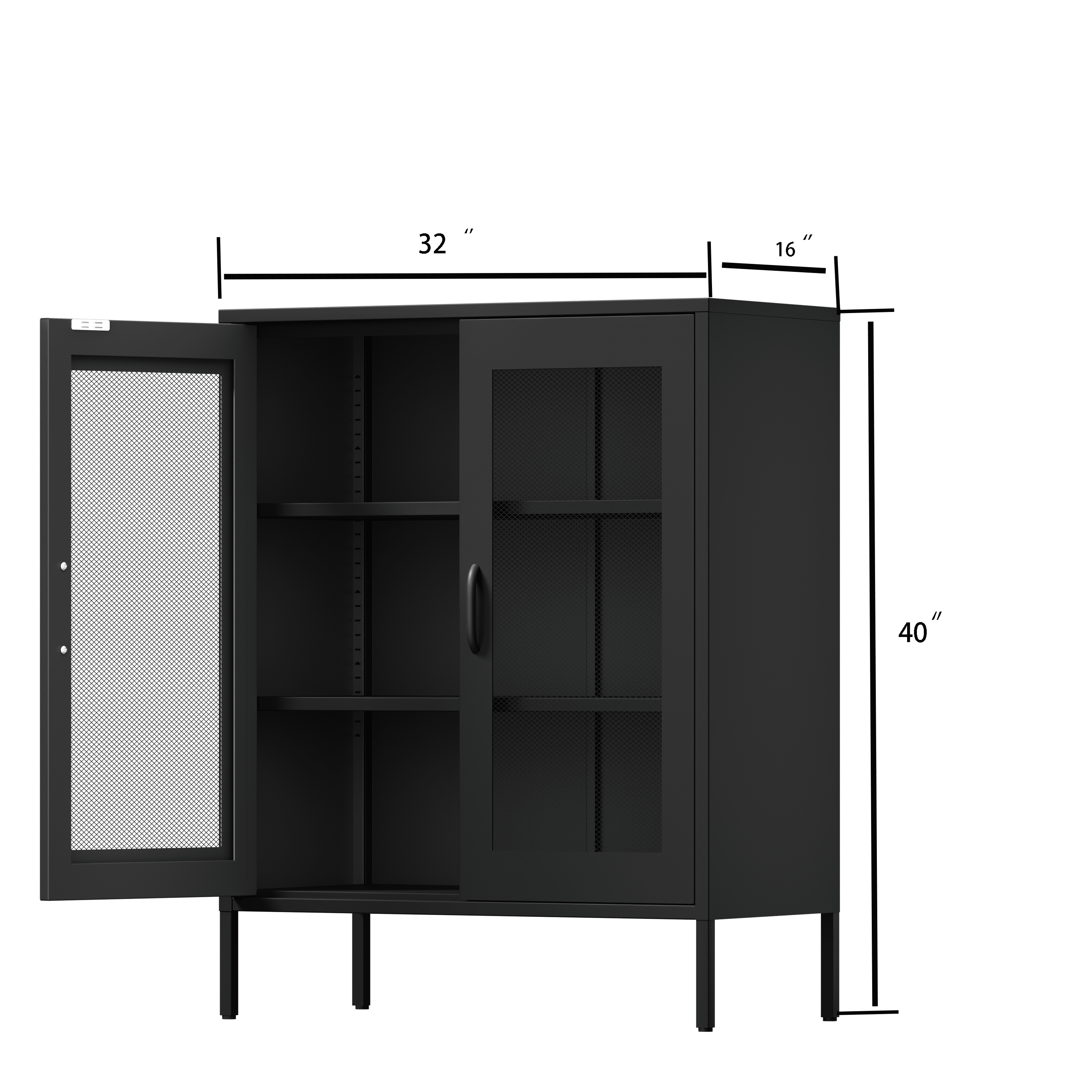 Black Metal Storage Cabinet with Adjustable Shelves and Mesh Doors