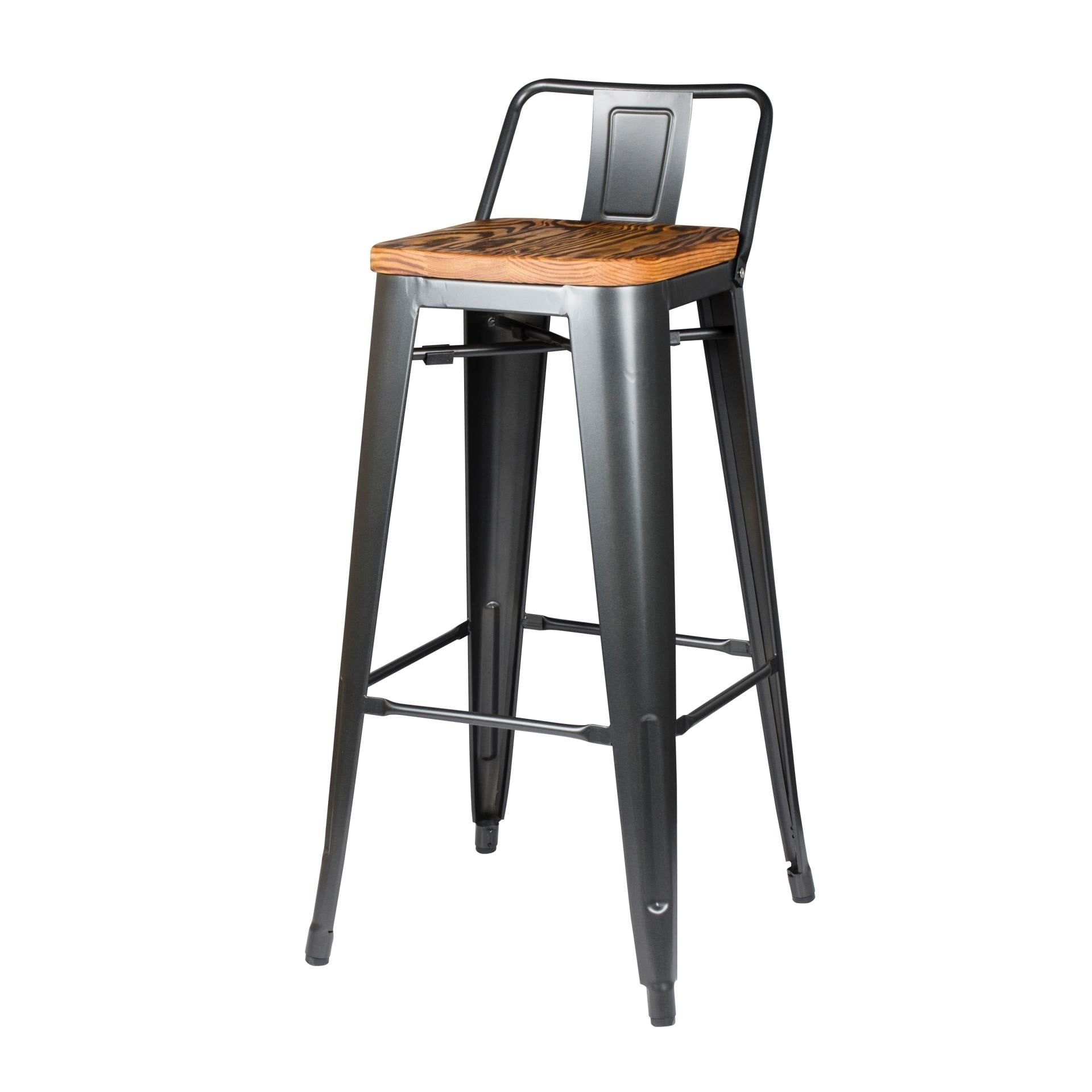 Metropolis Gunmetal Low Back Bar Stool with Pine Wood Seat, Set of 4