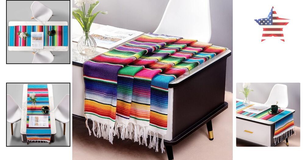 Colorful Mexican Serape Cotton Table Runner with Tassels - 4 Pack