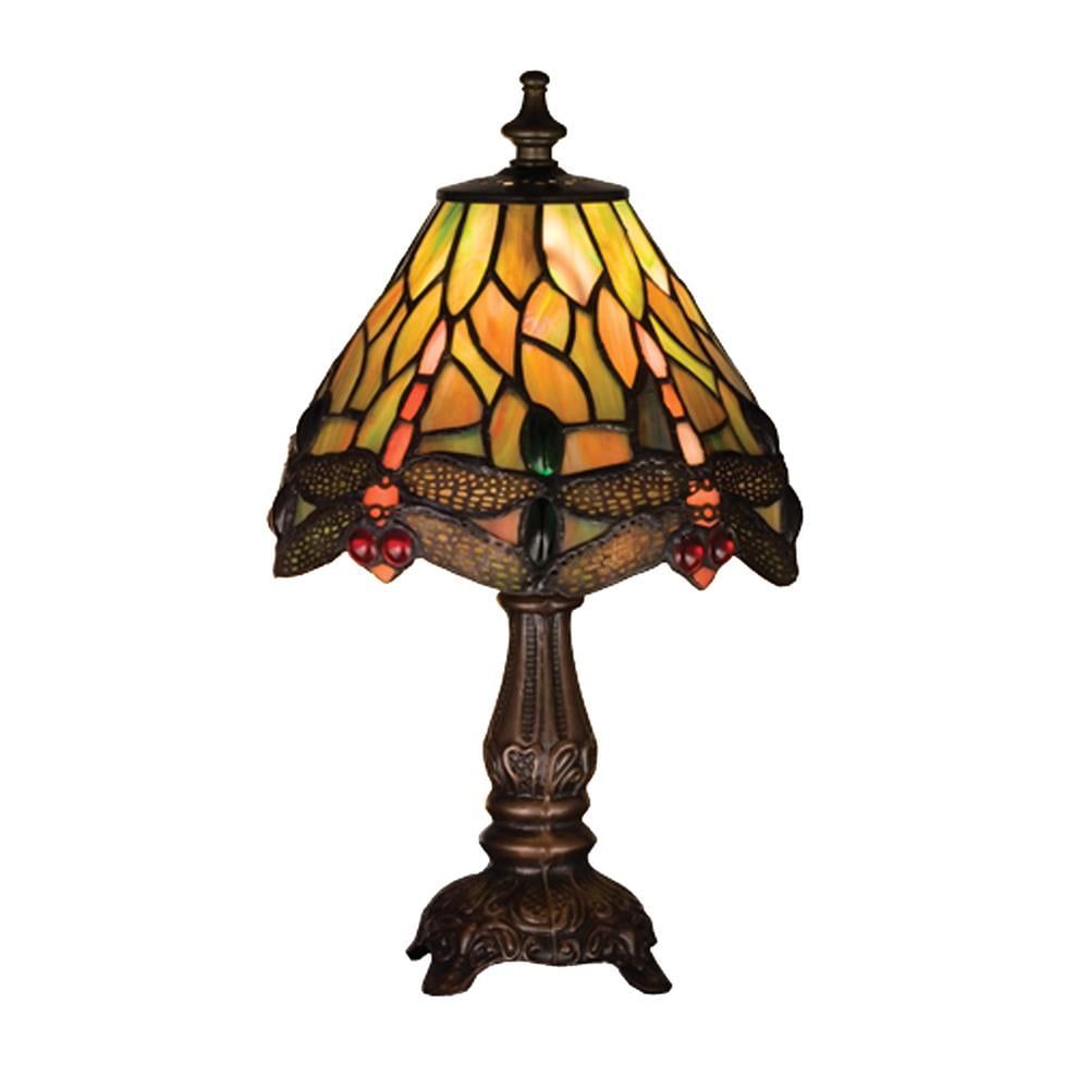 11.5" Multicolor Stained Glass and Bronze Dragonfly Mini Lamp