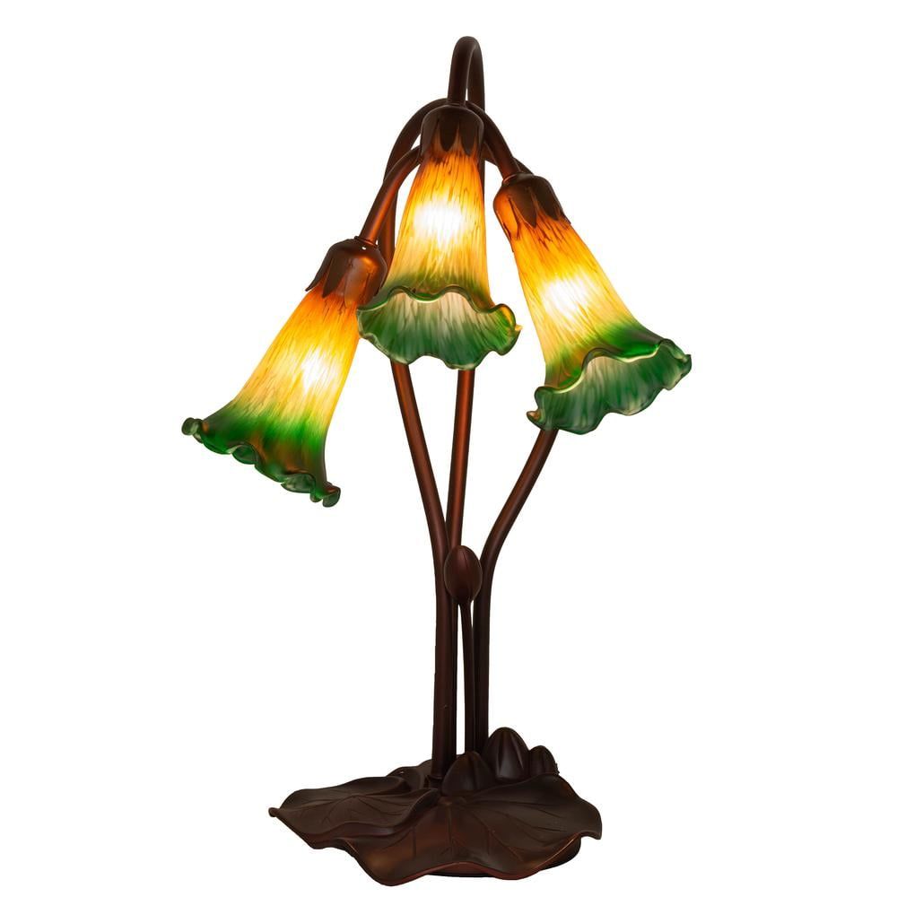 Amber Green Stained Glass Bronze 3-Light Table Lamp