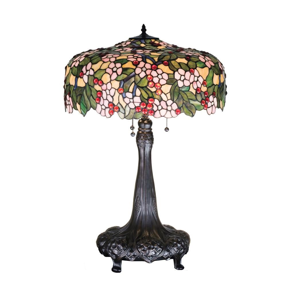 Cherry Blossom Stained Glass Table Lamp with Bronze Base