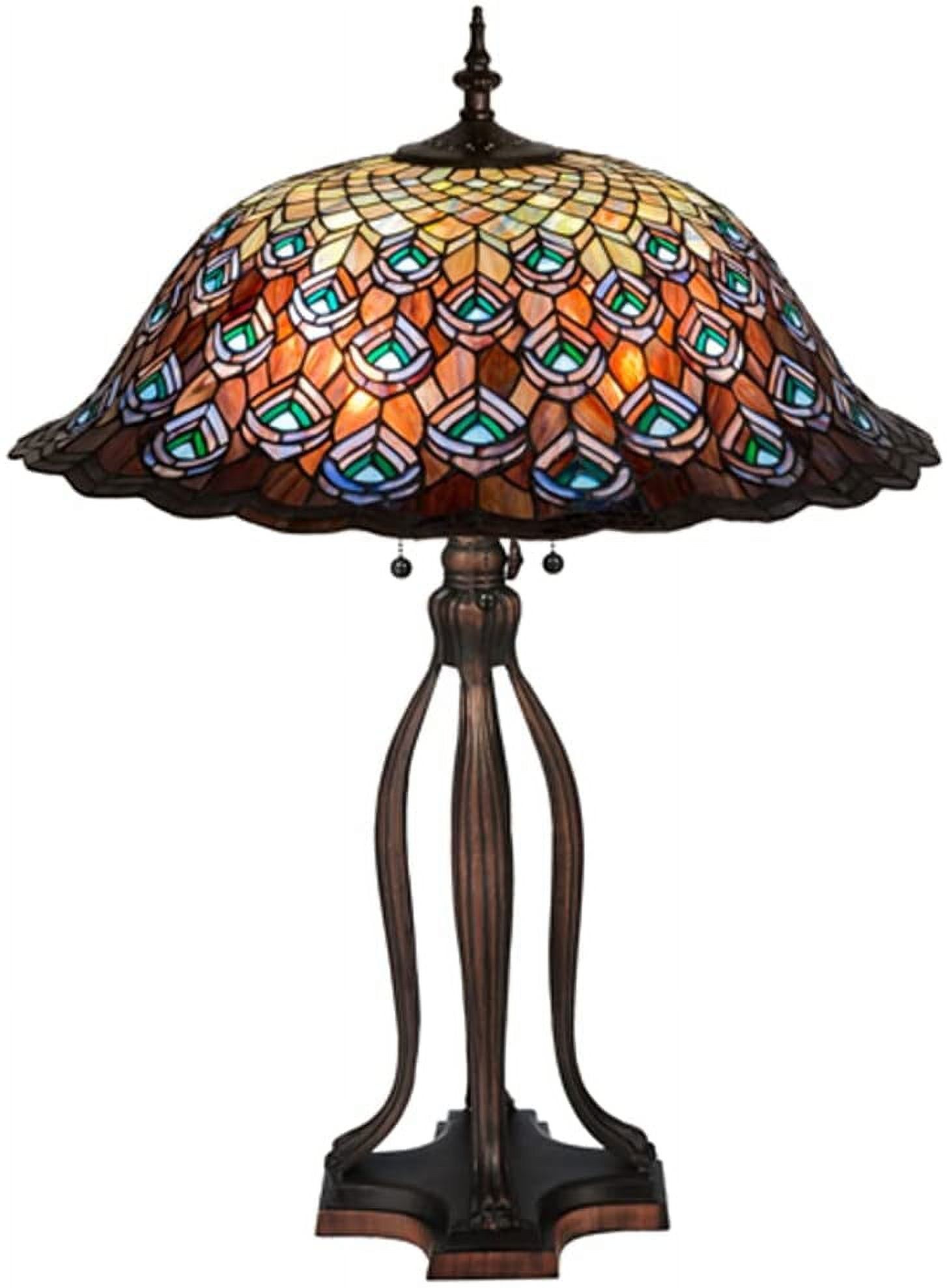 30" Stained Glass Bronze Peacock Feather Table Lamp