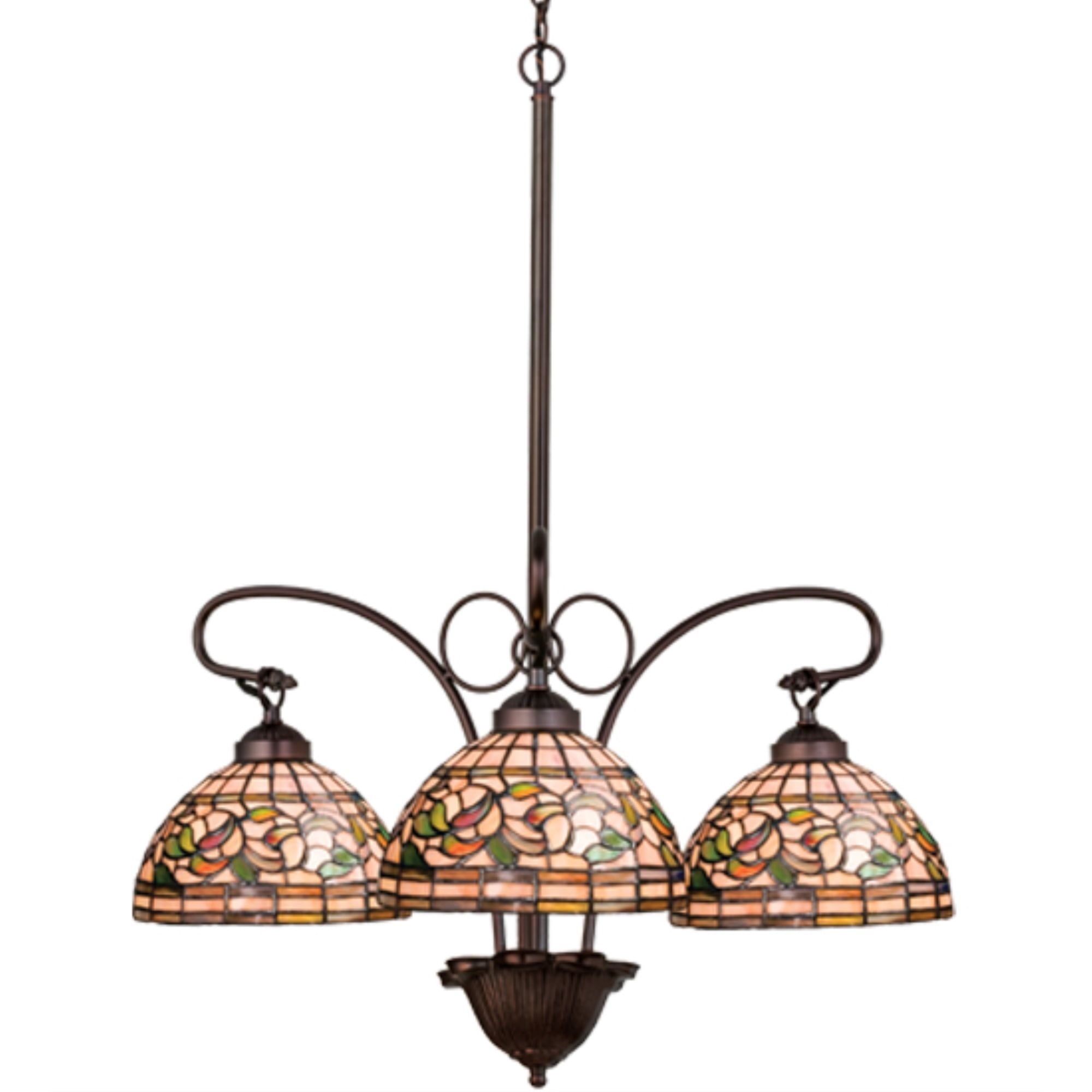 Autumn Gold and Moss Green 3-Light Tiffany Chandelier in Mahogany Bronze