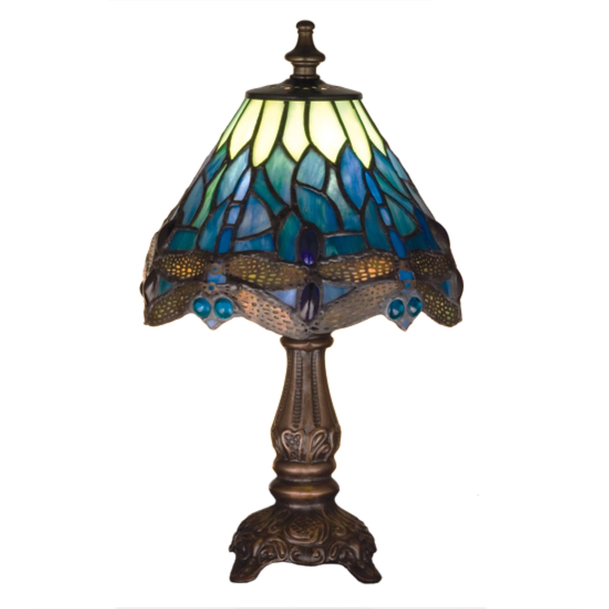 Lakeside Blue & Pond Green Stained Glass Dragonfly Mini Lamp