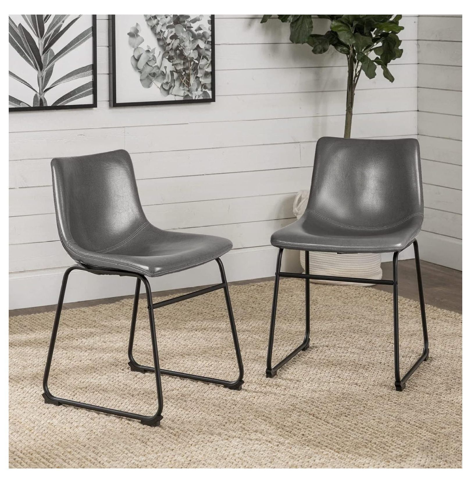 Gray Faux Leather Upholstered Dining Chairs with Metal Legs, Set of 2