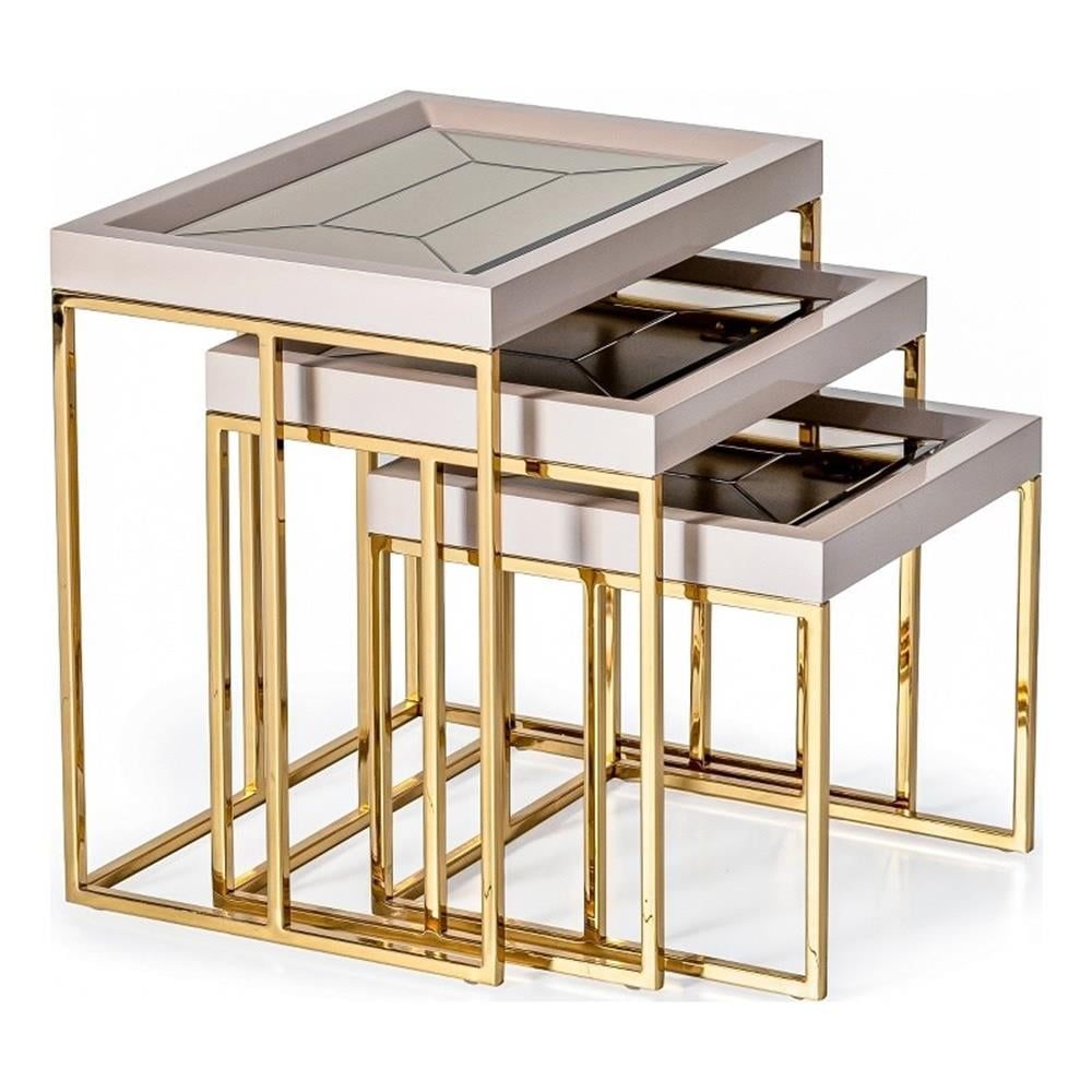 Ivory and Gold Mirrored Glass Nesting Tables Set